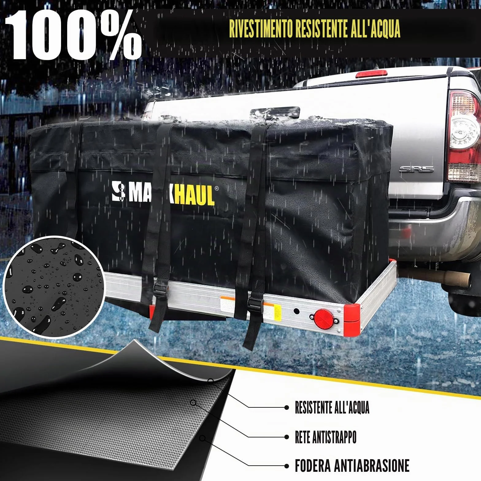 MAXXHAUL Borsa da Trasporto per Portapacchi 119 x 50 x 50 cm Resistente all’Acqua Fissaggio su Gancio Traino Nero