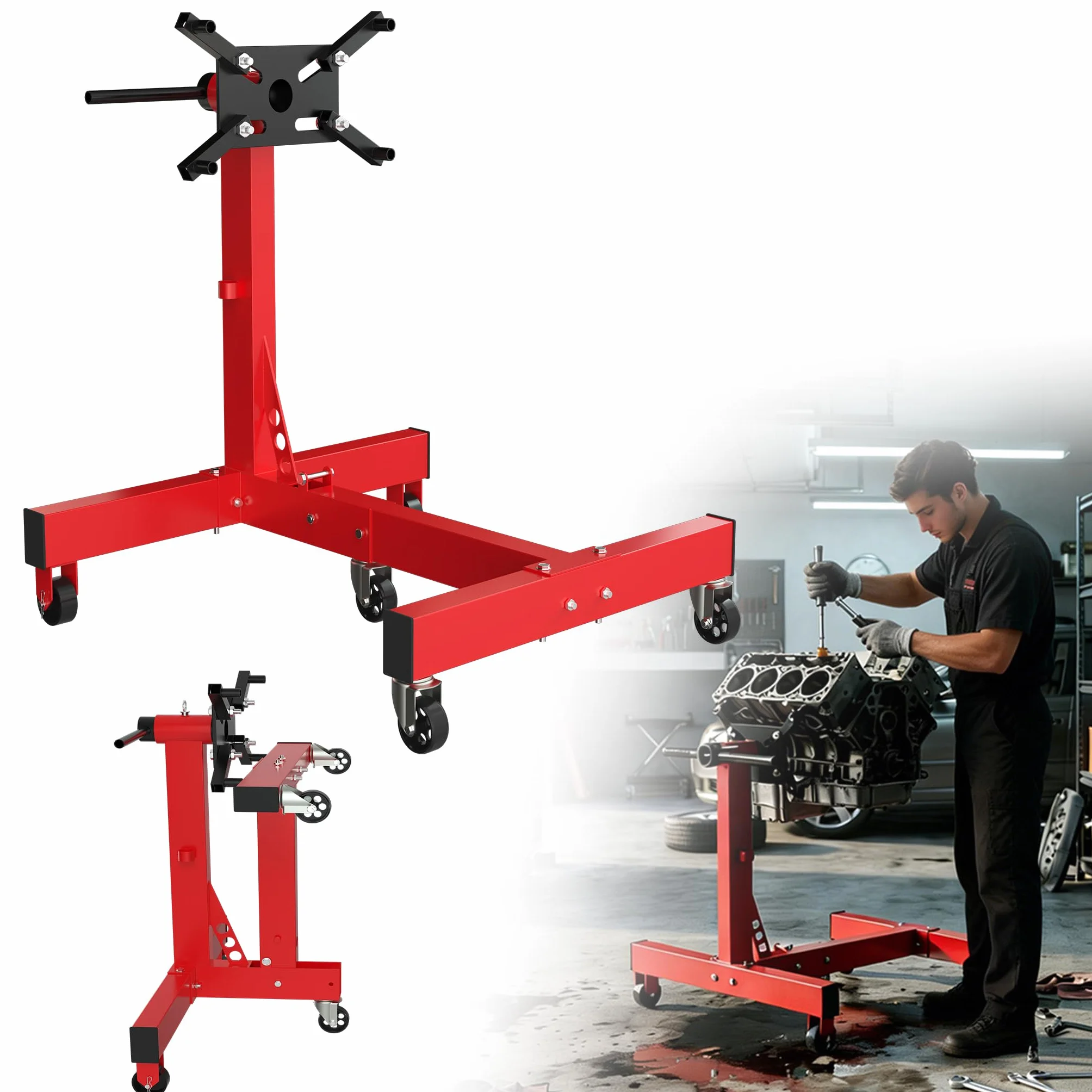 Supporto motore per auto pieghevole 680 kg 360° 4 bracci regolabili 5 ruote impugnatura antiscivolo