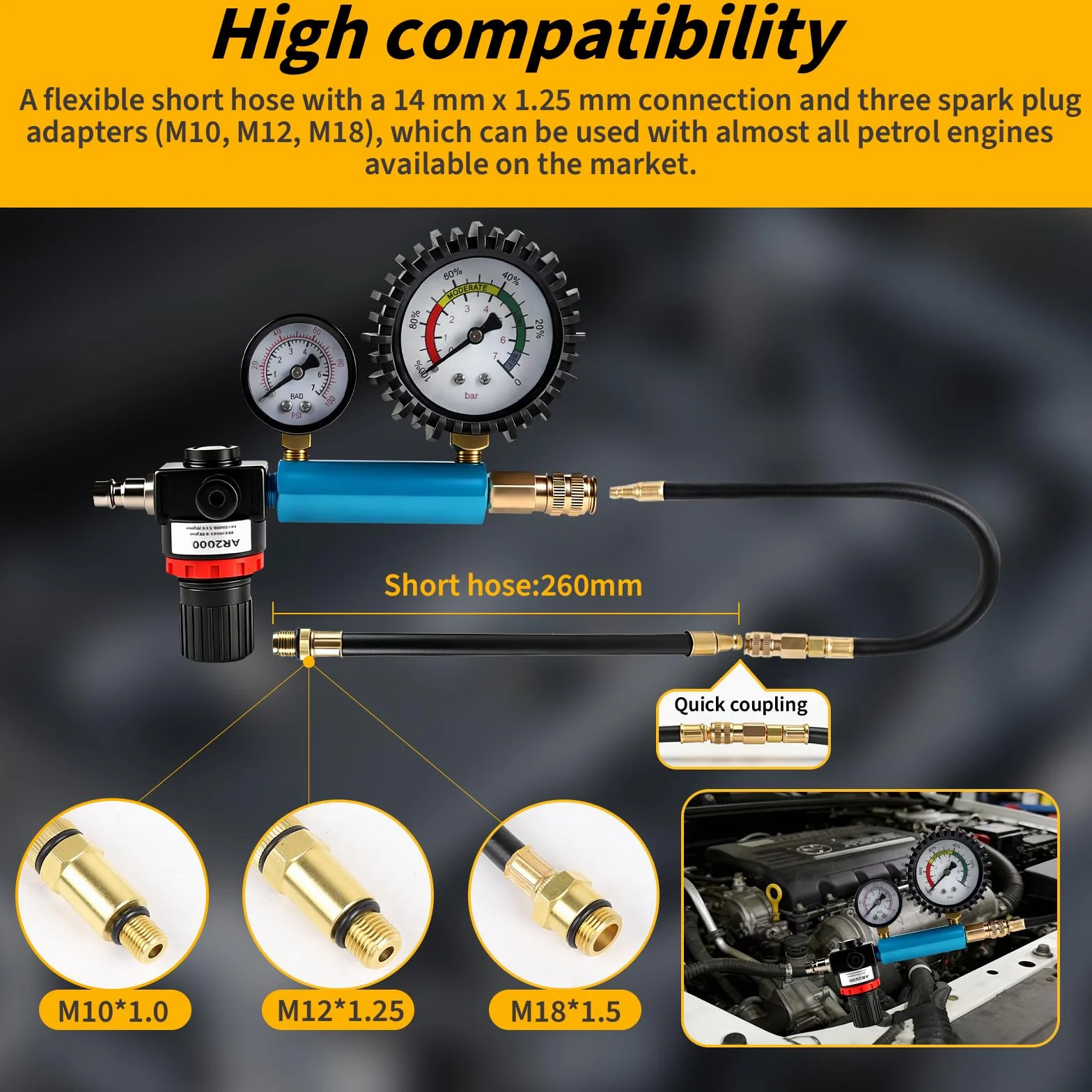 CPROSP 46 pezzi Tester di Compressione e Perdita di Pressione (0-50 Bar / 0-7 Bar), Prova Compressione Motore Benzina e Diesel, Compatibile HDI, TDCi, per Auto, Camion, Bus, Moto