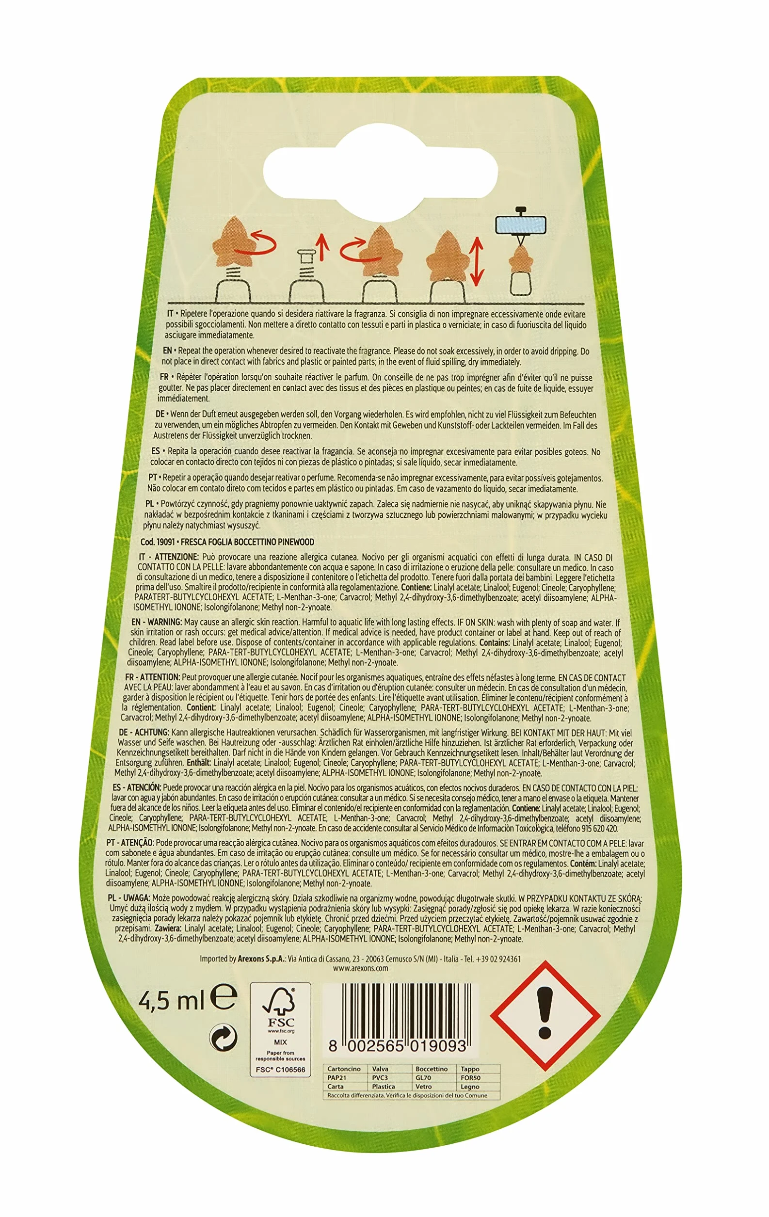 AREXONS 19091 Fresca foglia Boccettino Fragranza Pinewood 4,5 ml Profumatore Auto Liquido