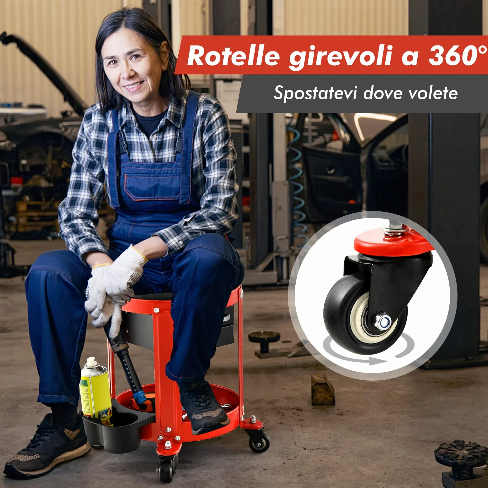 COSTWAY Sgabello da Officina, Sgabello Meccanico Rotante con 2 Cassetti, Ripiano, Vassoio, Ruote, 150 kg di capacità, per Garage, Officina