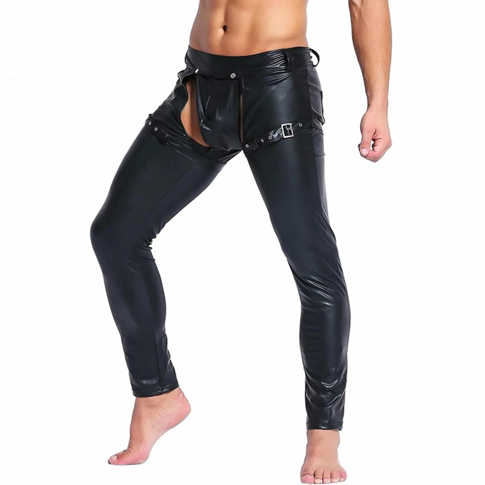 VOIV Pantaloni in Pelle Sintetica da Uomo Nero Aperto sul Davanti Discoteca Clubwear