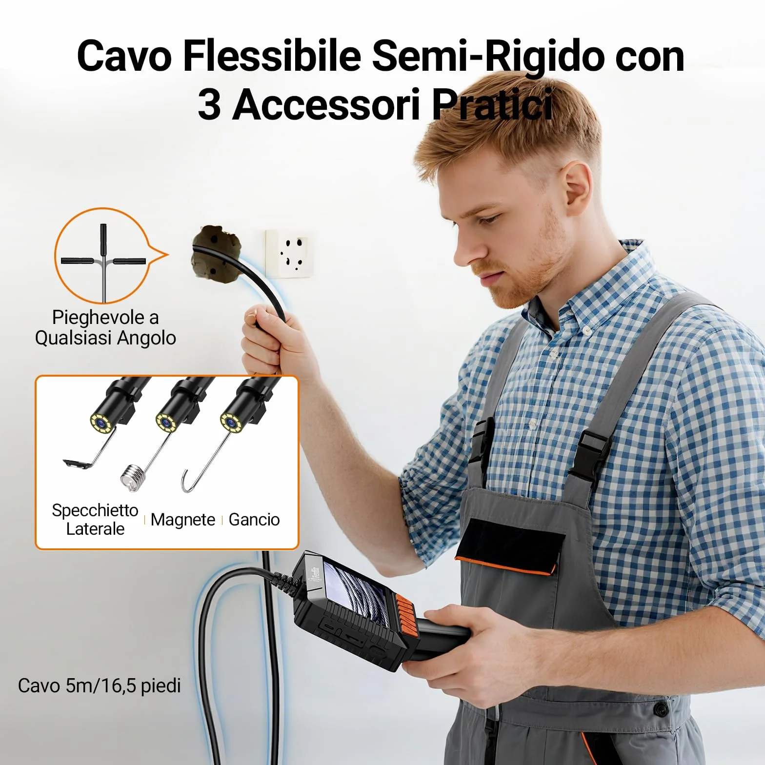 Endoscopio Digitale Industriale HD 1080P Telecamera Ispezione Tubi 4,3" Schermo Palmare IP67 Impermeabile Sonda 8 LED Cavo Semirigido 5 M