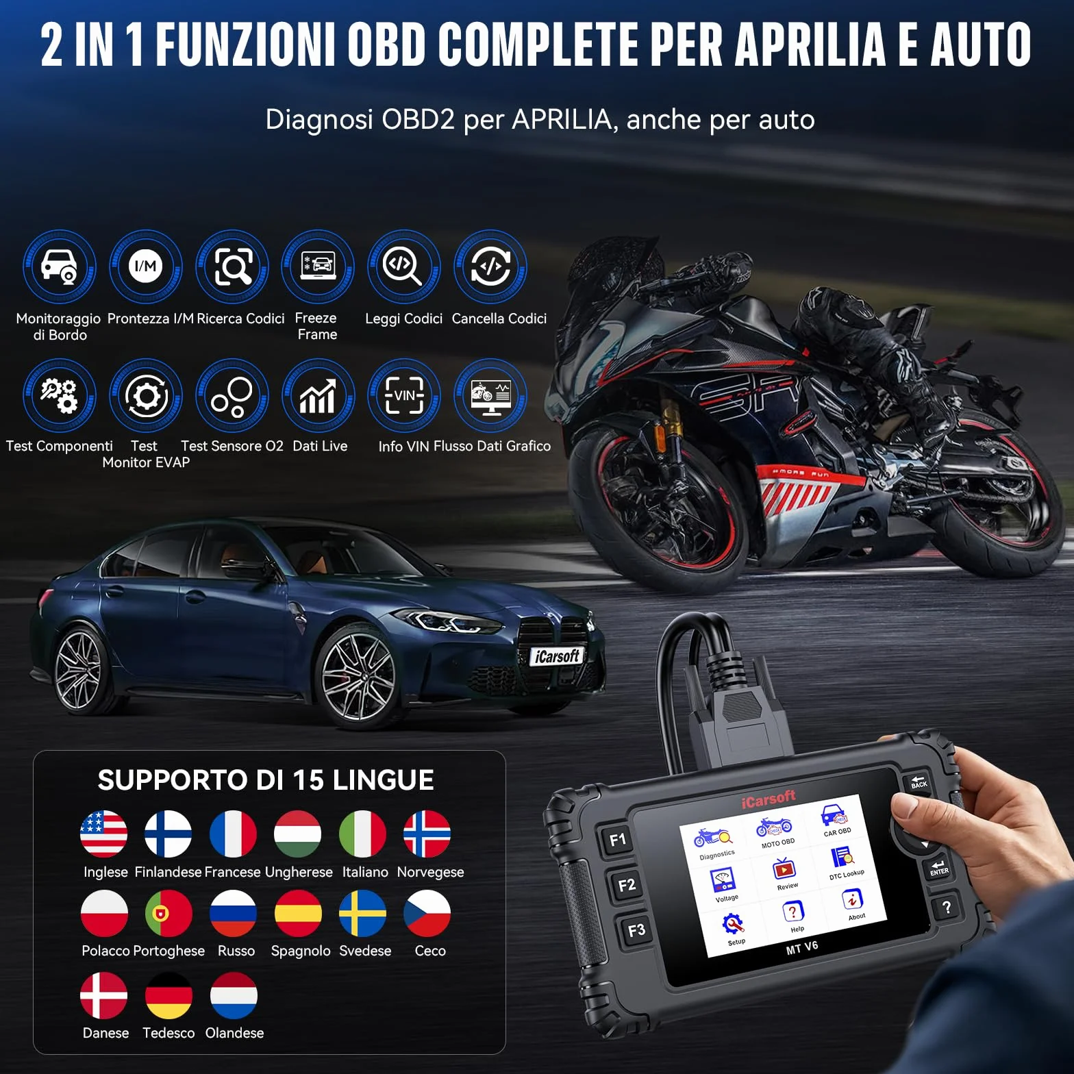 iCarsoft MT V6 Diagnostico per moto Aprilia, 88 servizi di manutenzione, 123 test bidirezionali