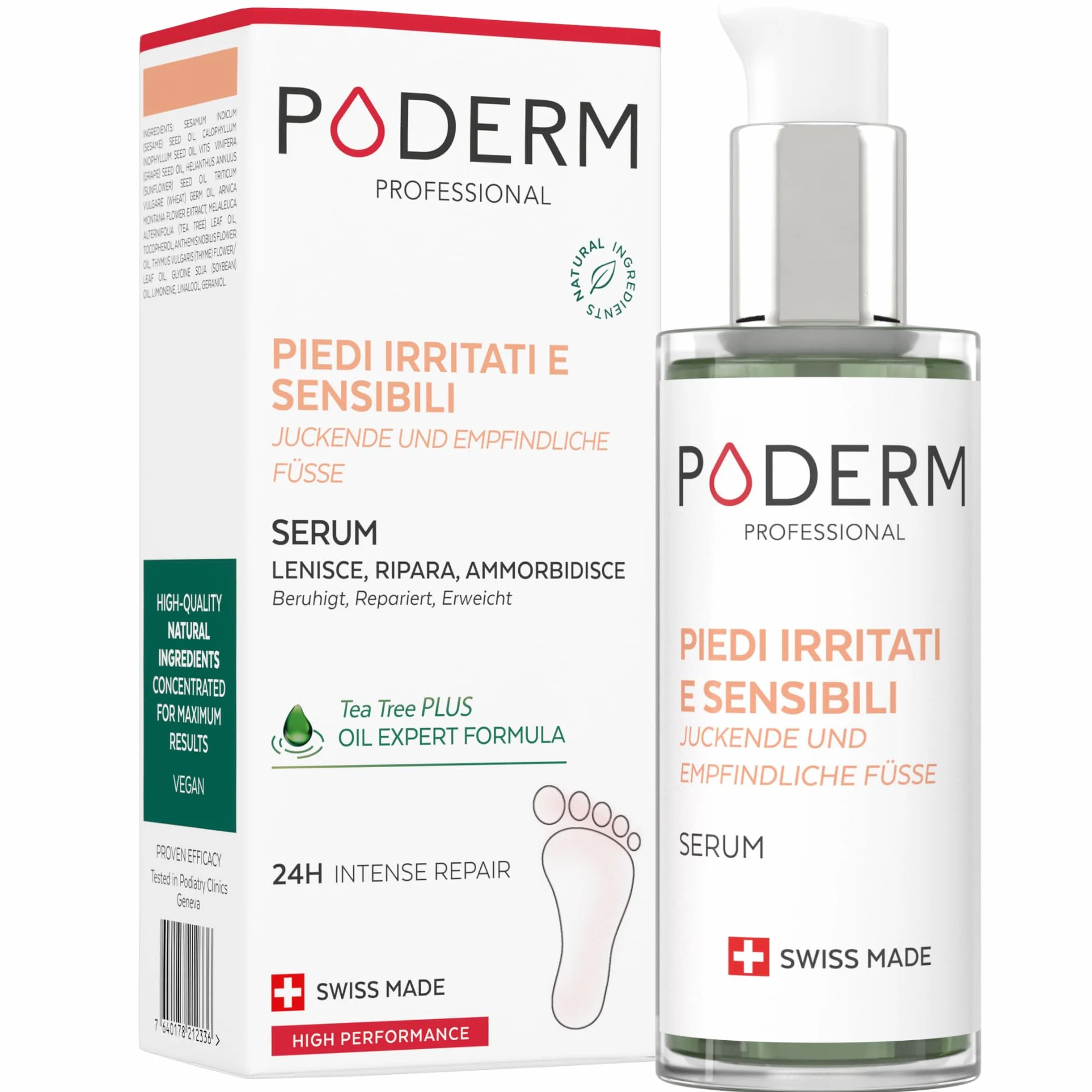 PODERM OLIO DI SIERO PIEDI TEA TREE Ripara lenisce irritazioni prurito desquamazioni Cura dei piedi Swiss Made