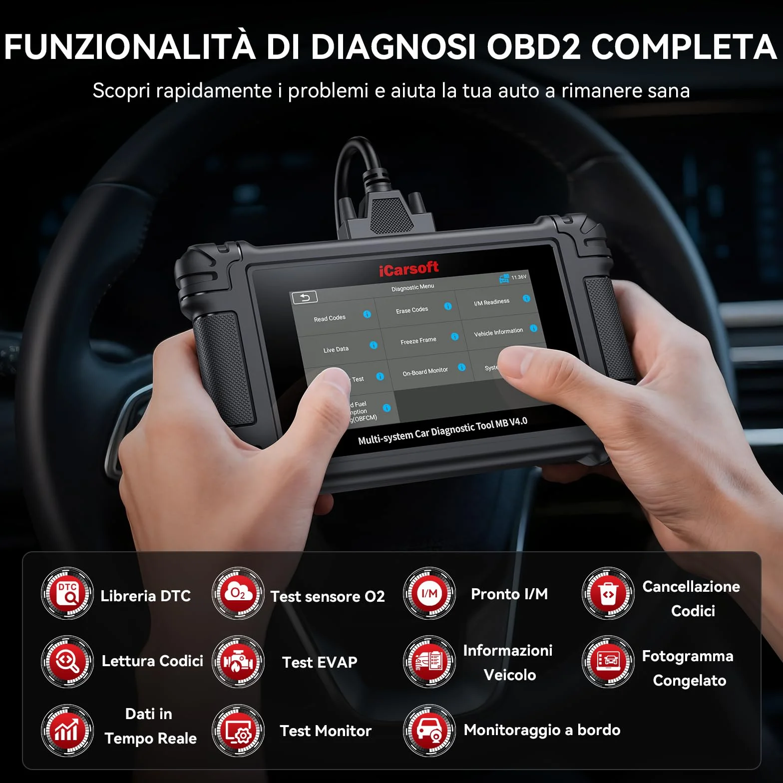 iCarsoft MB V4.0 Strumento di Diagnostica Bidirezionale OBD2 Scanner 38 Servizi Test Bidirezionale Aggiornamenti Gratuiti