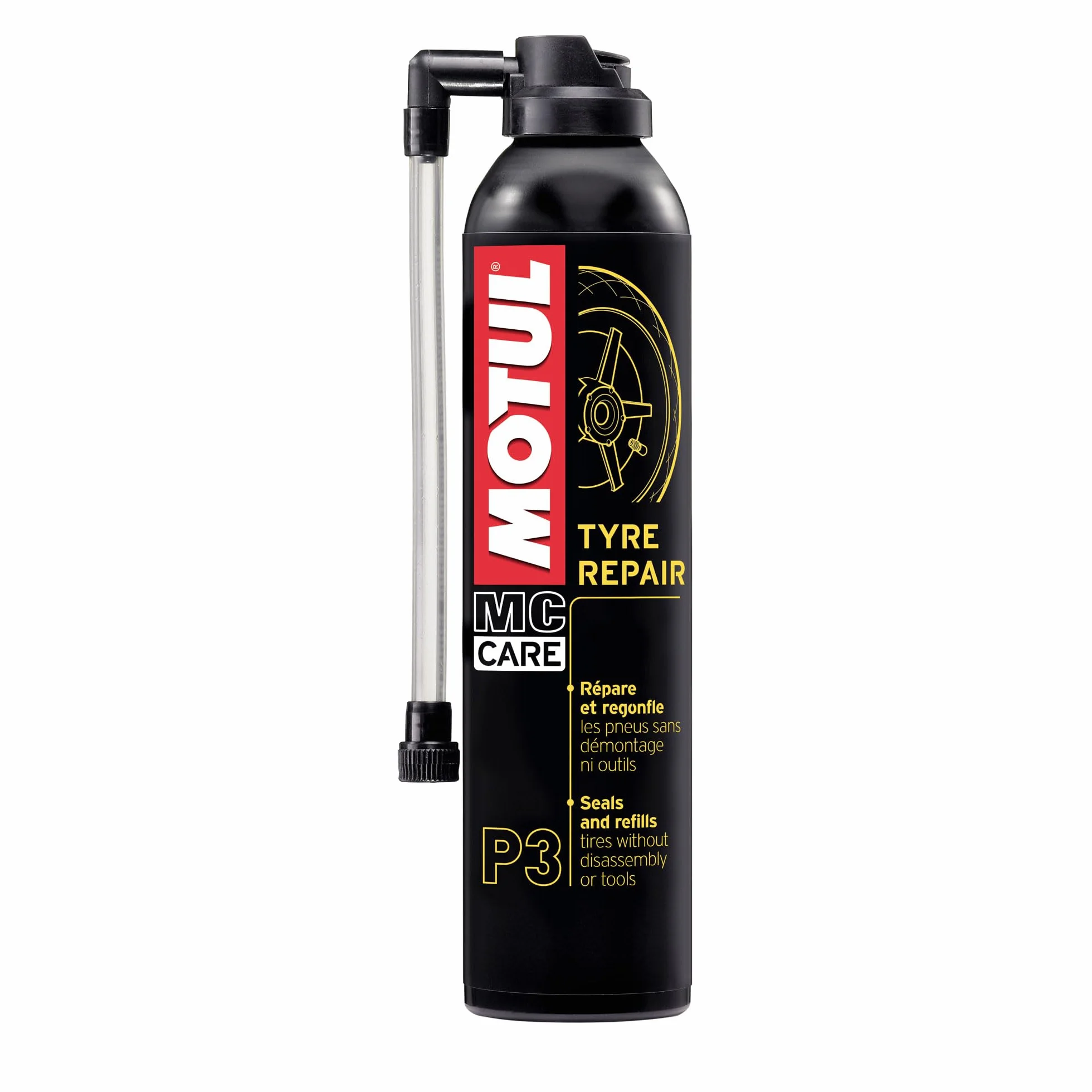 Motul - Aerosol Gonfiante e Riparante per Pneumatici Moto con o Senza Camera d'Aria - Riparazione Istantanea Senza Smontaggio né Attrezzi - MC Care Tyre Repair P3-300 ml