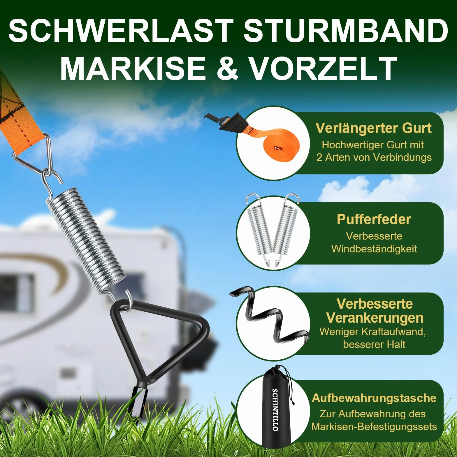 Zestaw antyburzowy do tendaliny Camper Roulotte z kotwami spiralnymi 39cm