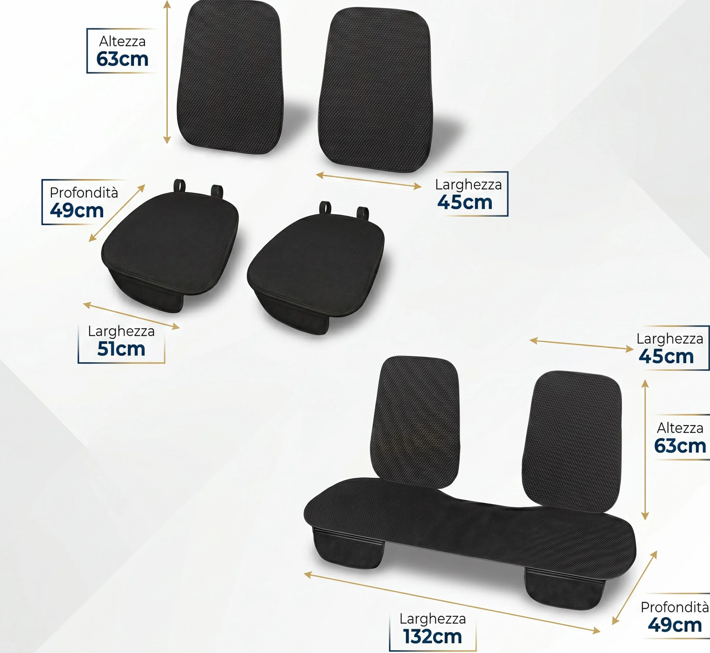 Lupex Coprisedile Seduta 3 pezzi Universale Auto Set Protezione Sedile 2 Anteriore 1 Posteriore Silk Ice Nero 7pz