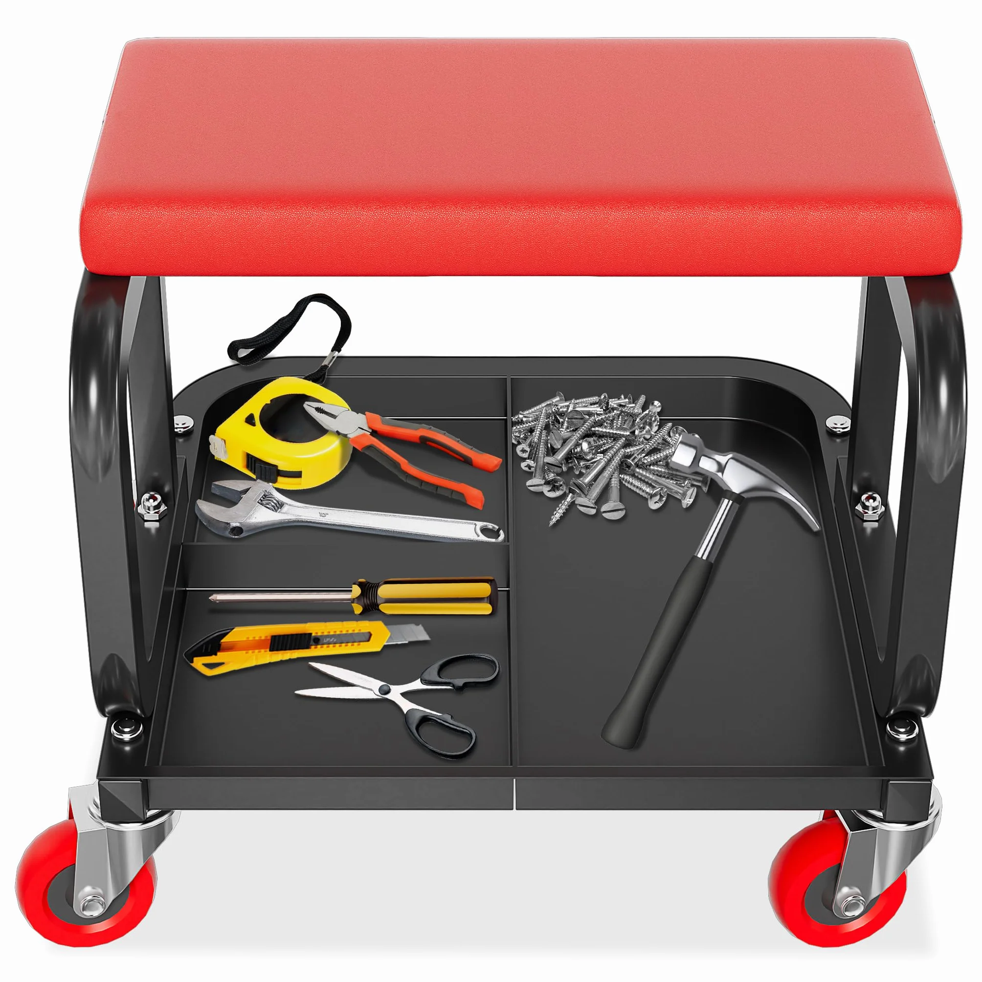 FIVMEN Sgabello da officina con ruote, ripiano, capacità di carico 150 kg, 36 x 36 x 35 cm