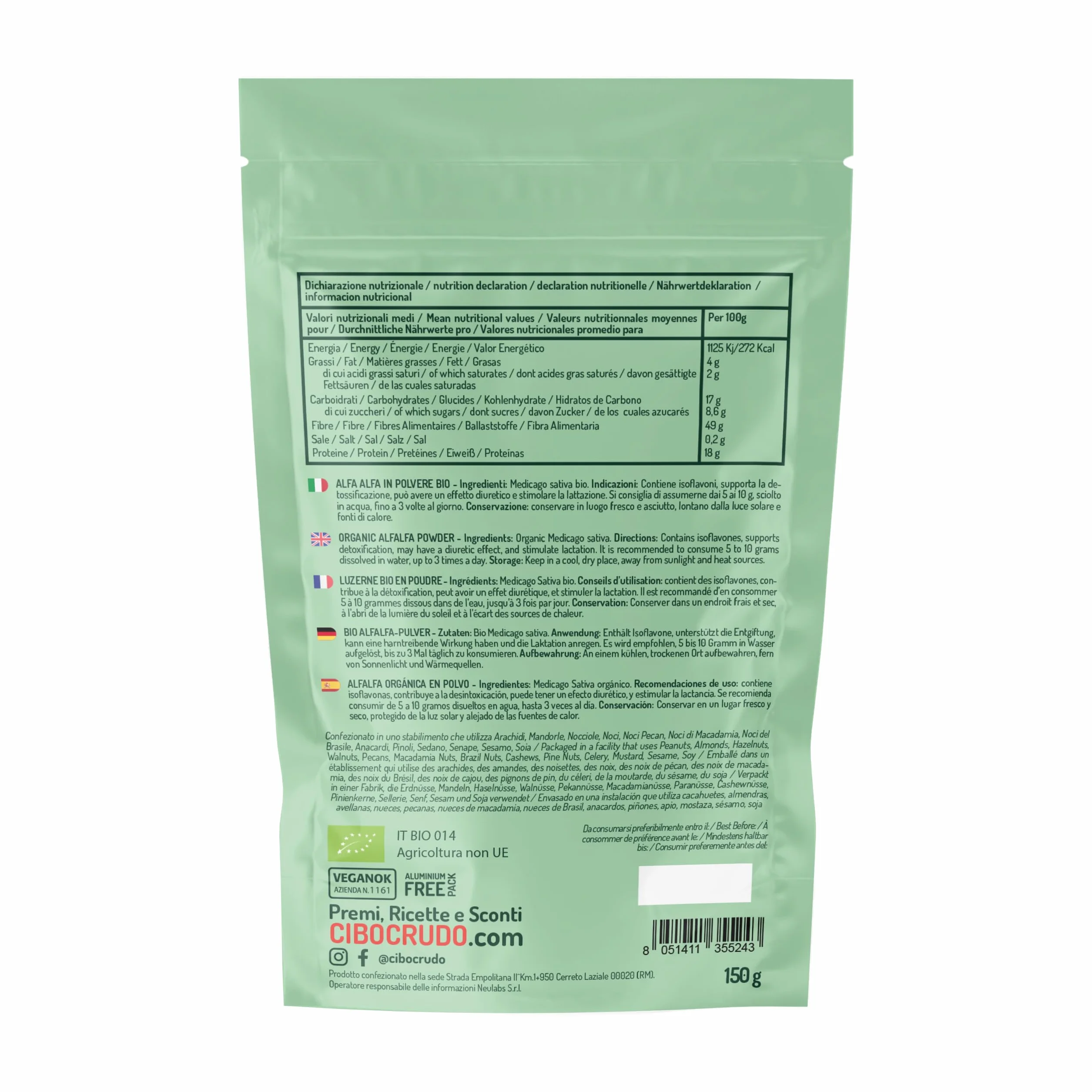 Alfa Alfa in Polvere Biologica e Cruda 150g Ricca di Vitamine A C E K Antiossidanti Isoflavonoidi Minerali Clorofilla per Frullati Succhi Yogurt