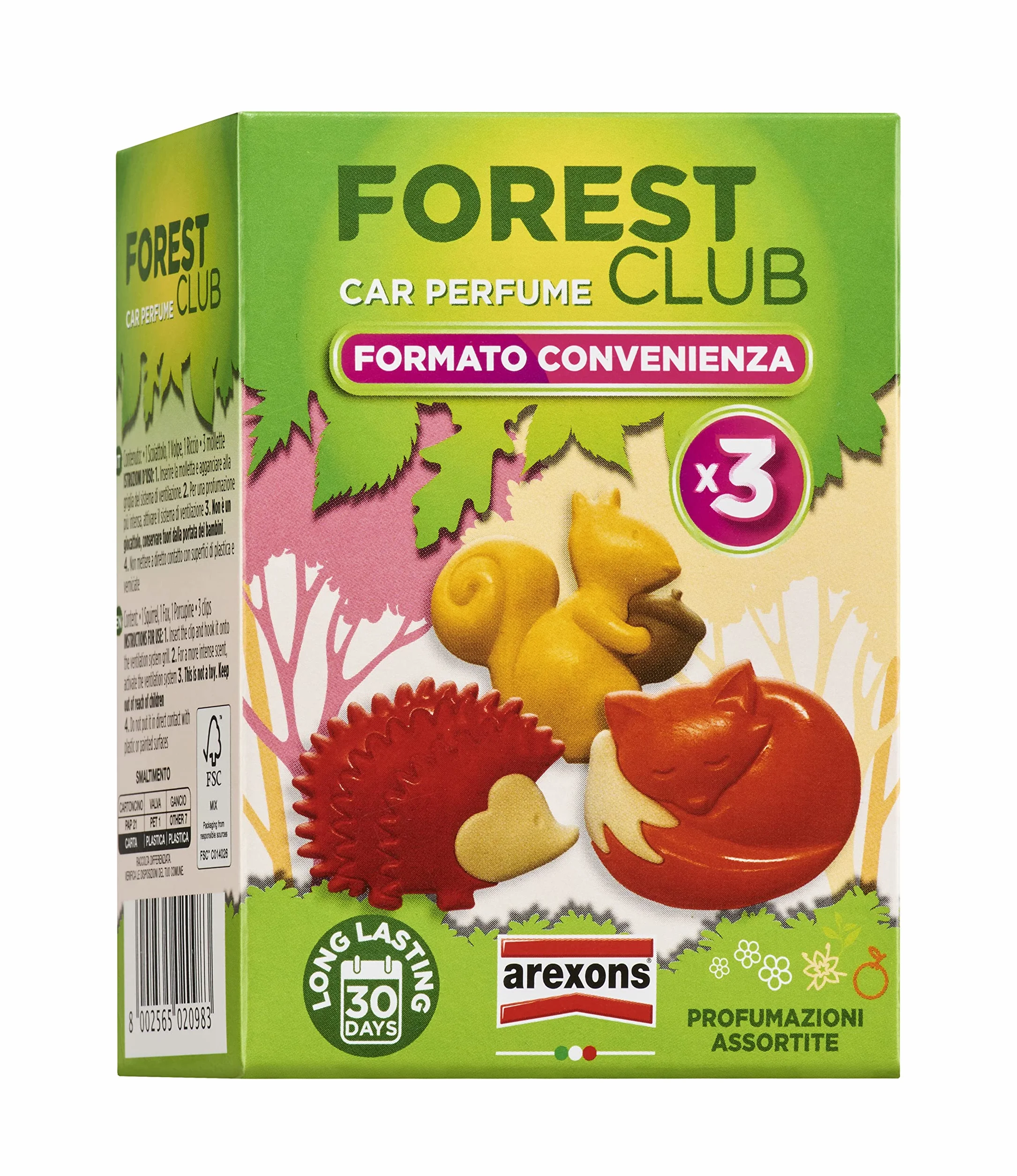AREXONS Forest Club & Friends Tripack Profumatore Auto, Durata 30 Giorni, Fragranza Orange Sunrise, Vanilla&Tea, Pink Flowers, Made in Italy