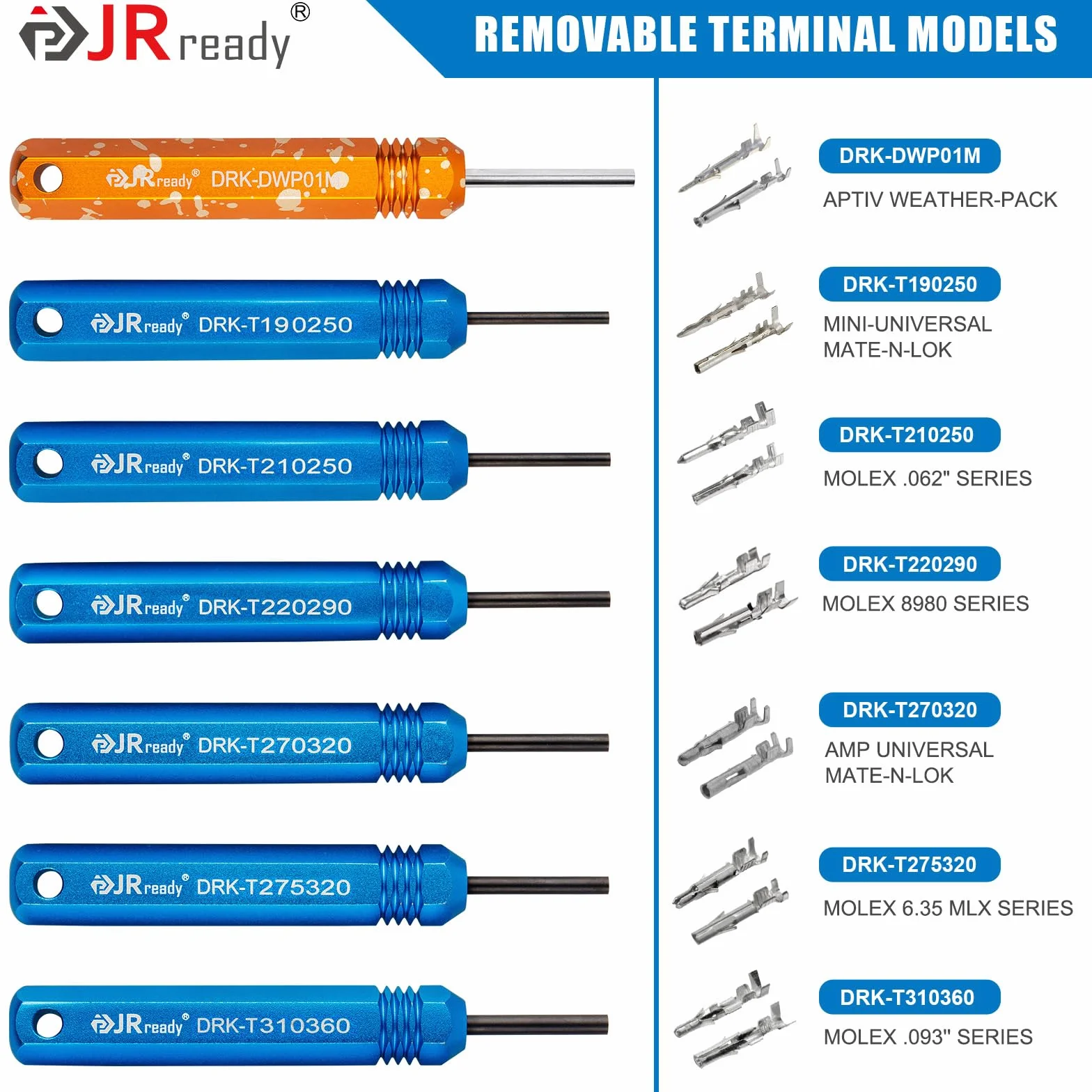 JRready ST5252 Set di 7 attrezzi per terminali AMP Molex .062" .093" Delphi Weather-Pack