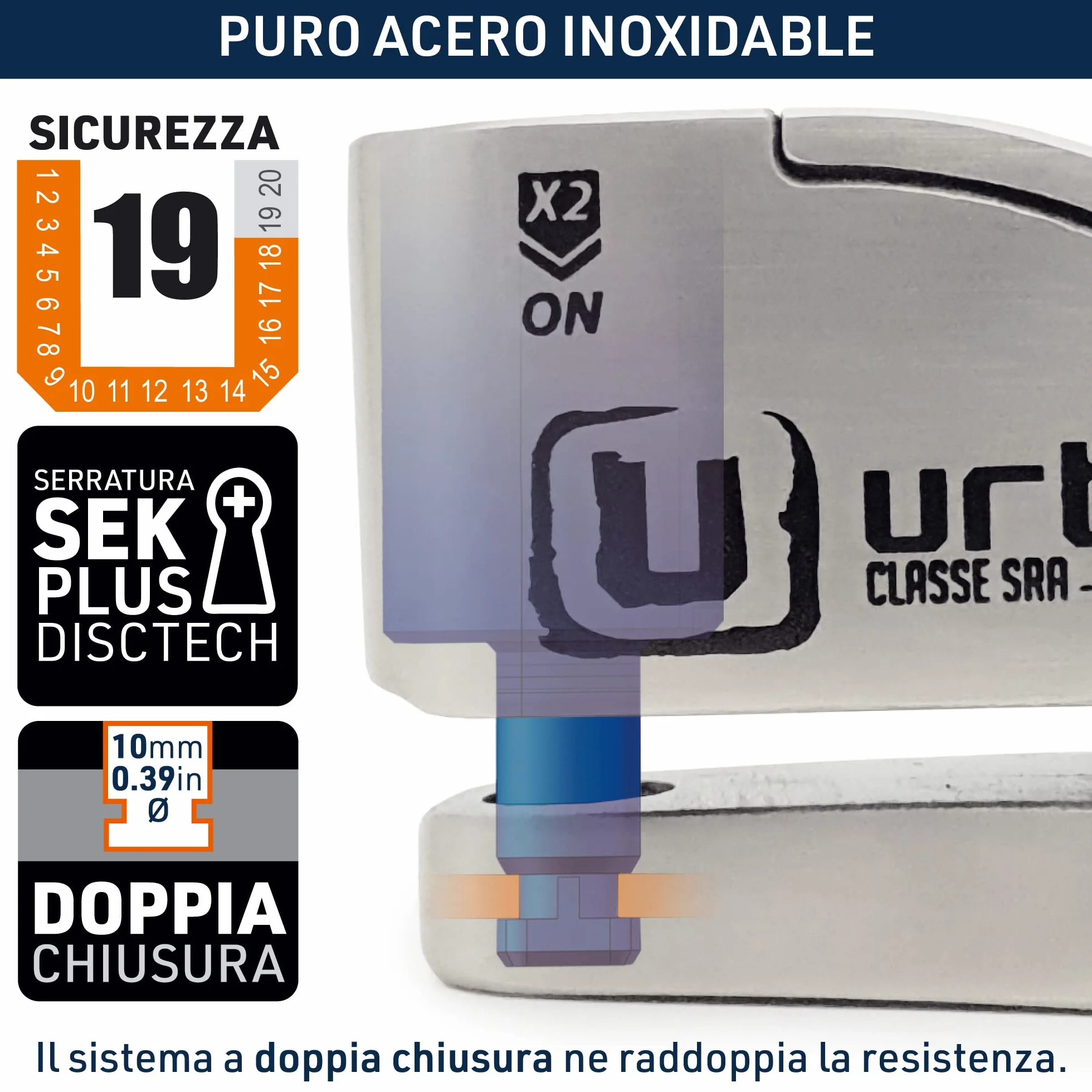 URBAN UR14S Blocca Disco per Moto Senza/Con Allarme Hi-Tech 120dB, Antifurto Moto Omologato SRA Massima Sicurezza, Warning Sensibilità A+, Acciaio Inox, Lucchetto Bloccadisco Doppio Bloccaggio 14mm