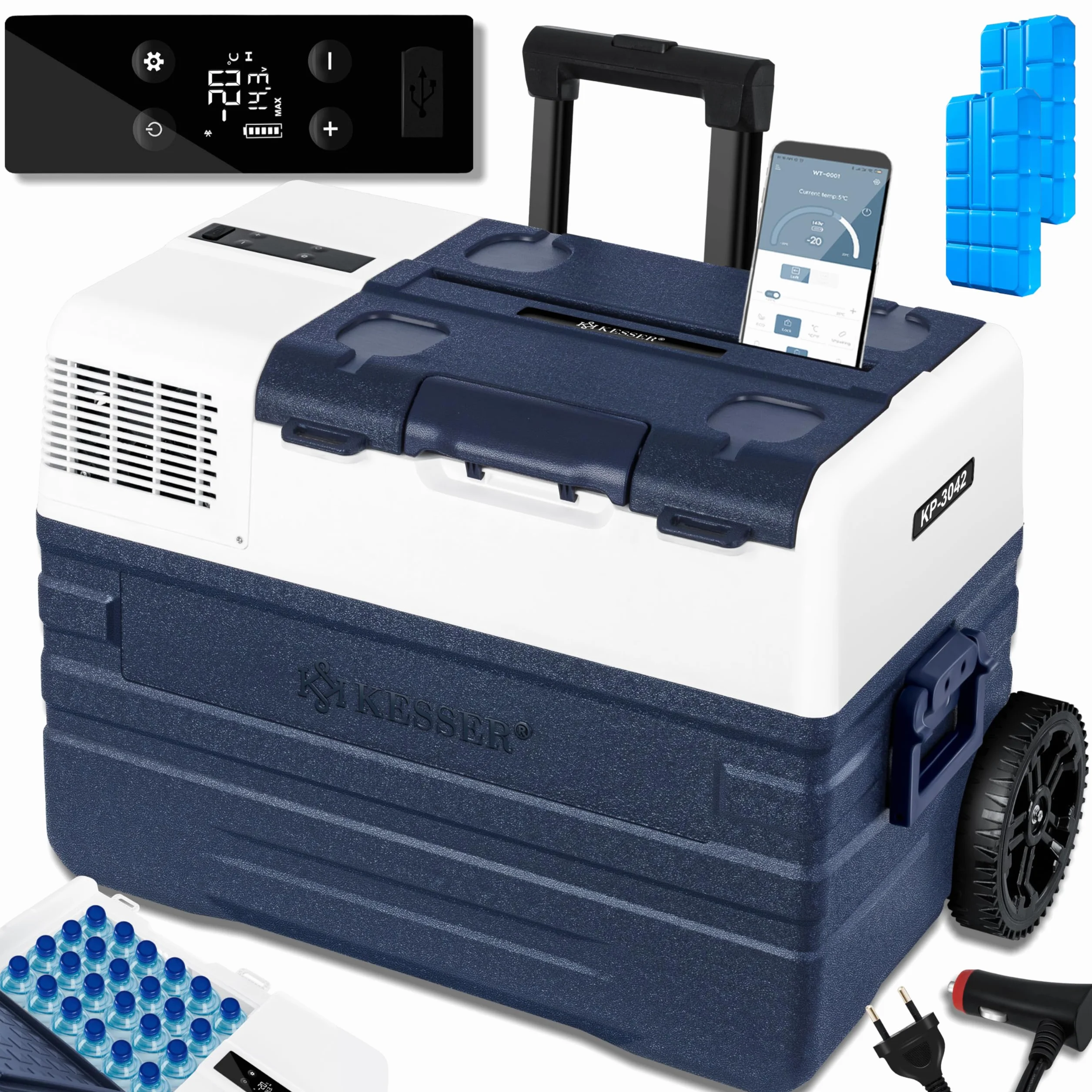 KESSER® Compressore Box congelatore elettrico Congelatore 42 litri, con controllo APP connessione USB 12/24 V 230V, +Telescopico Ruote Frigorifero raffreddamento a -20 ° C per auto, camion, barca