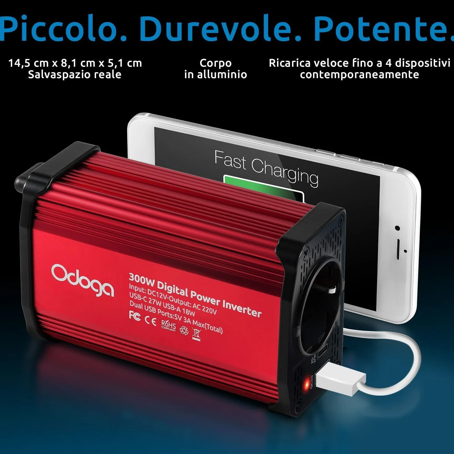 Odoga Inverter 12V 220V 300W Convertitore Auto Presa Elettrica Trasformatore Camper Doppia USB