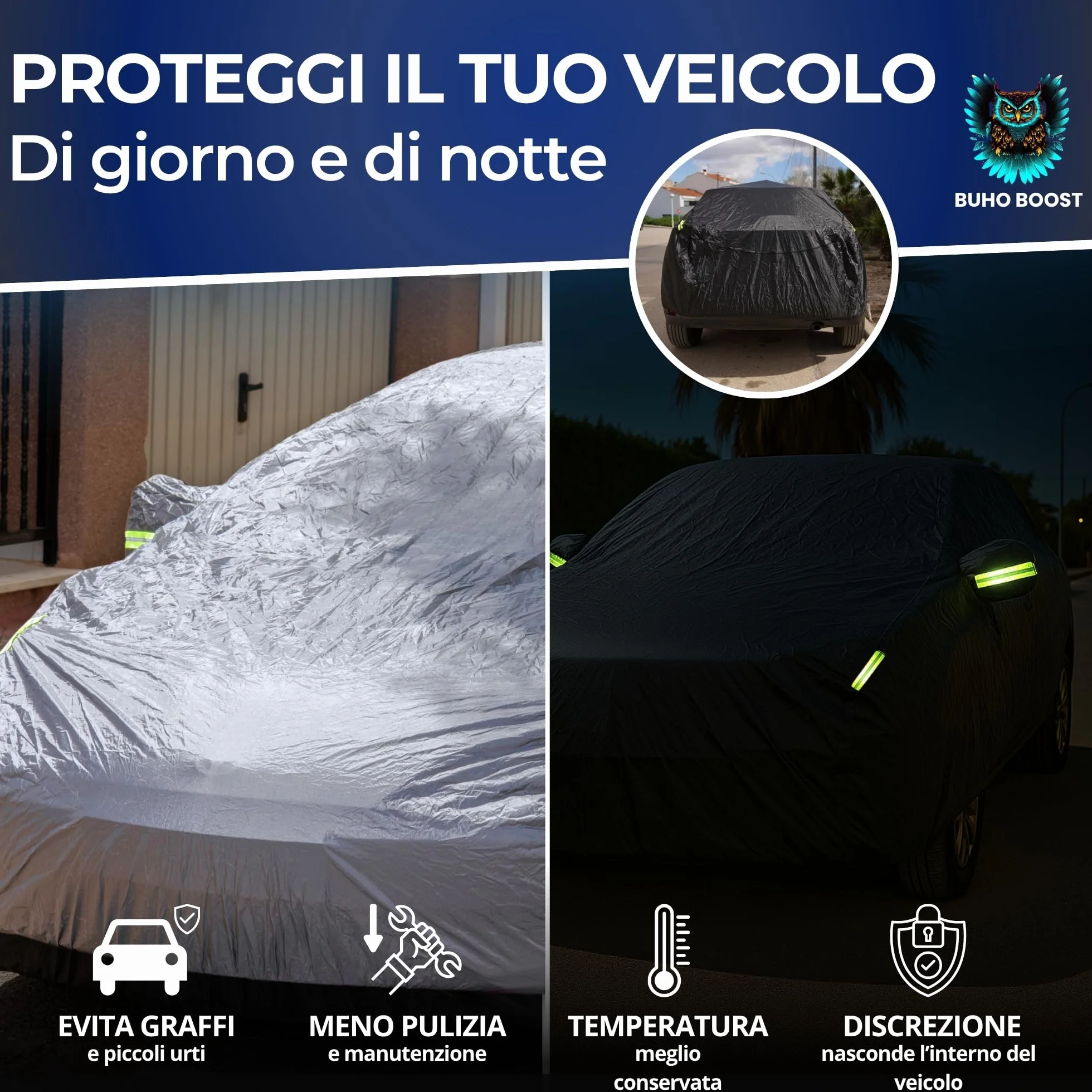 Classic - Telo Auto 100% Impermeabile con Parasole Incluso - Telo Copriauto Da Esterno con 2 Zip Strategiche - Protezione Completa Pioggia/Neve/UV/Polvere - Misura Universale Auto SUV