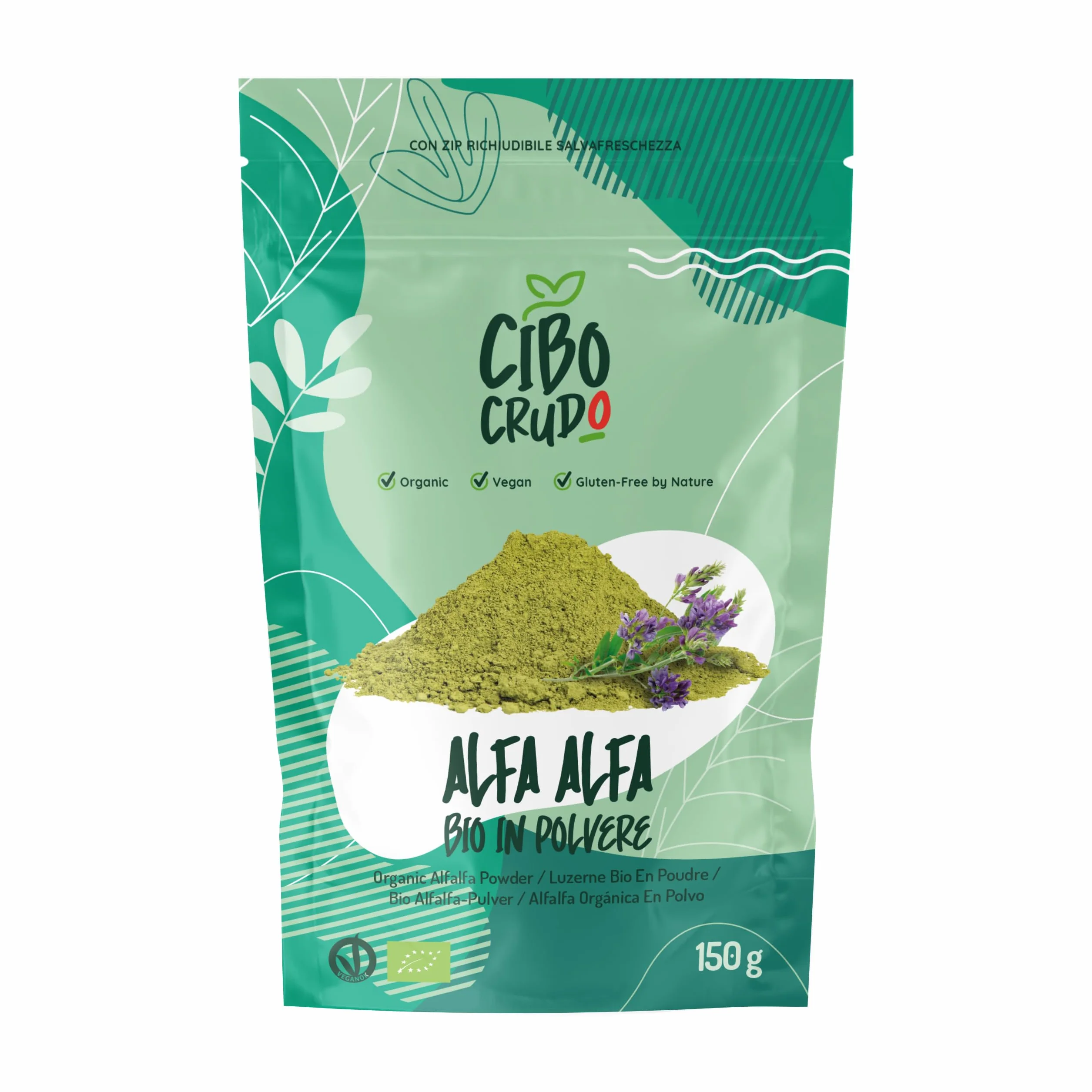 Alfa Alfa in Polvere Biologica e Cruda 150g Ricca di Vitamine A C E K Antiossidanti Isoflavonoidi Minerali Clorofilla per Frullati Succhi Yogurt