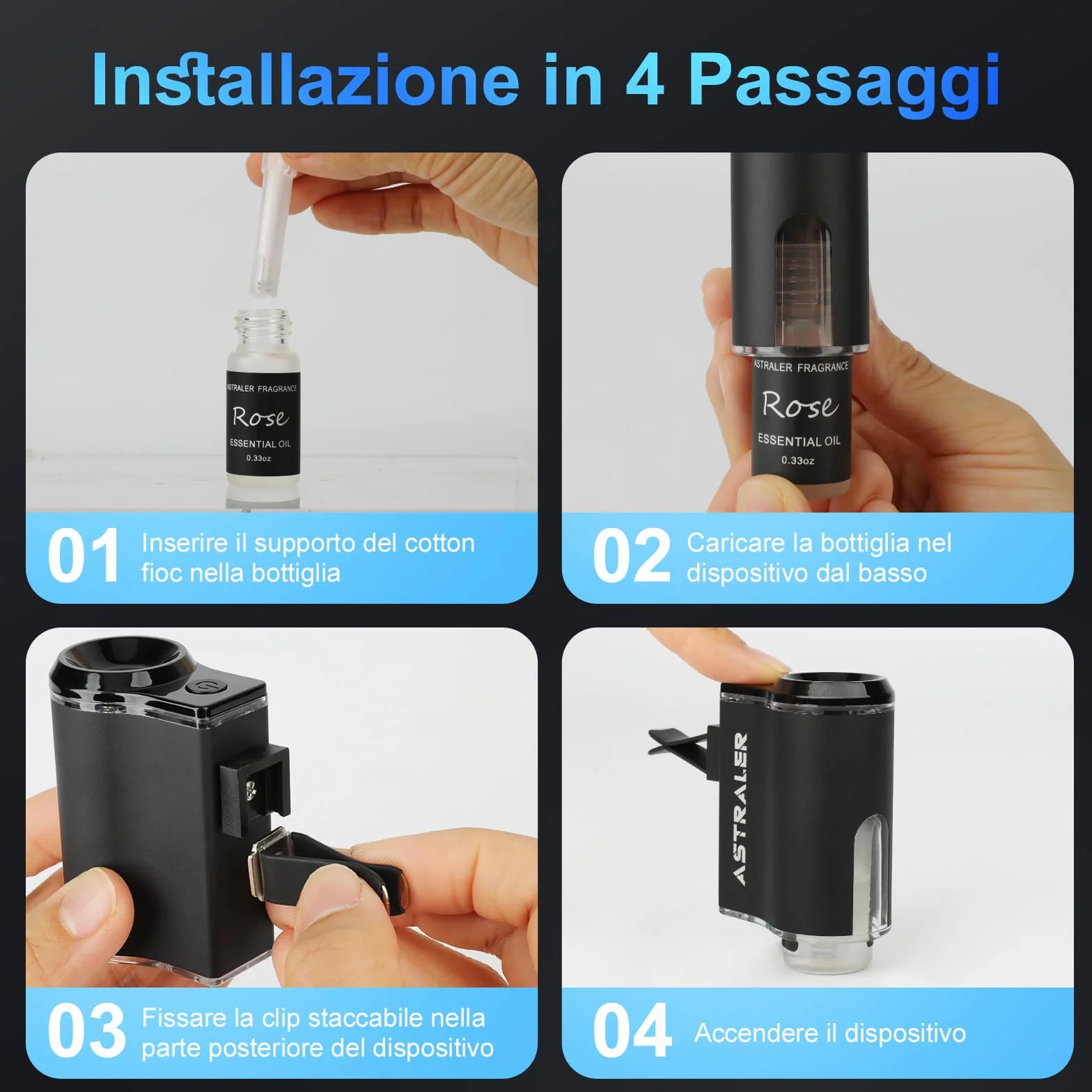 Profumatore Auto Ricaricabile 3 Oli Essenziali Deodorante Lunga Durata Diffusore Aromi Accensione Spegnimento Automatico