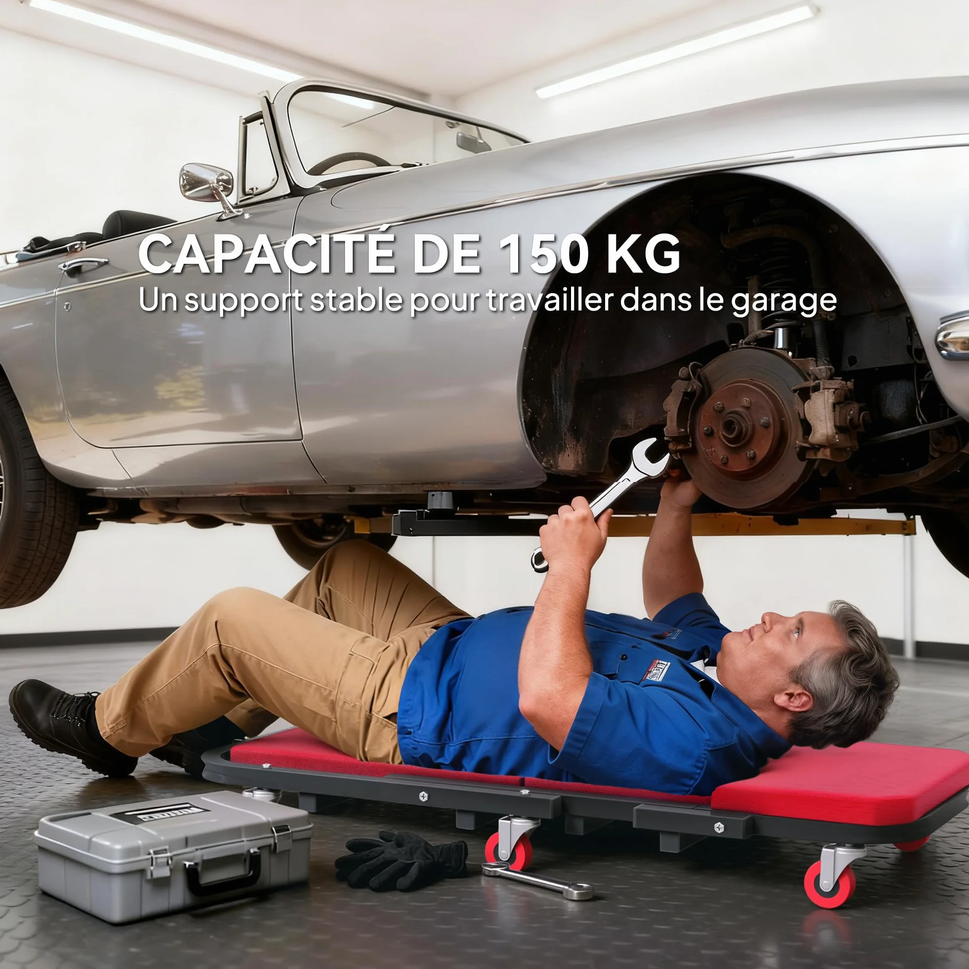 HOMCOM carrello di montaggio 2 in 1 Carrello di ispezione per meccanici pieghevole a Z 150 kg di carico, 6 ruote con rotazione a 360°, sgabello da officina con funzione di seduta e sdraiata, per