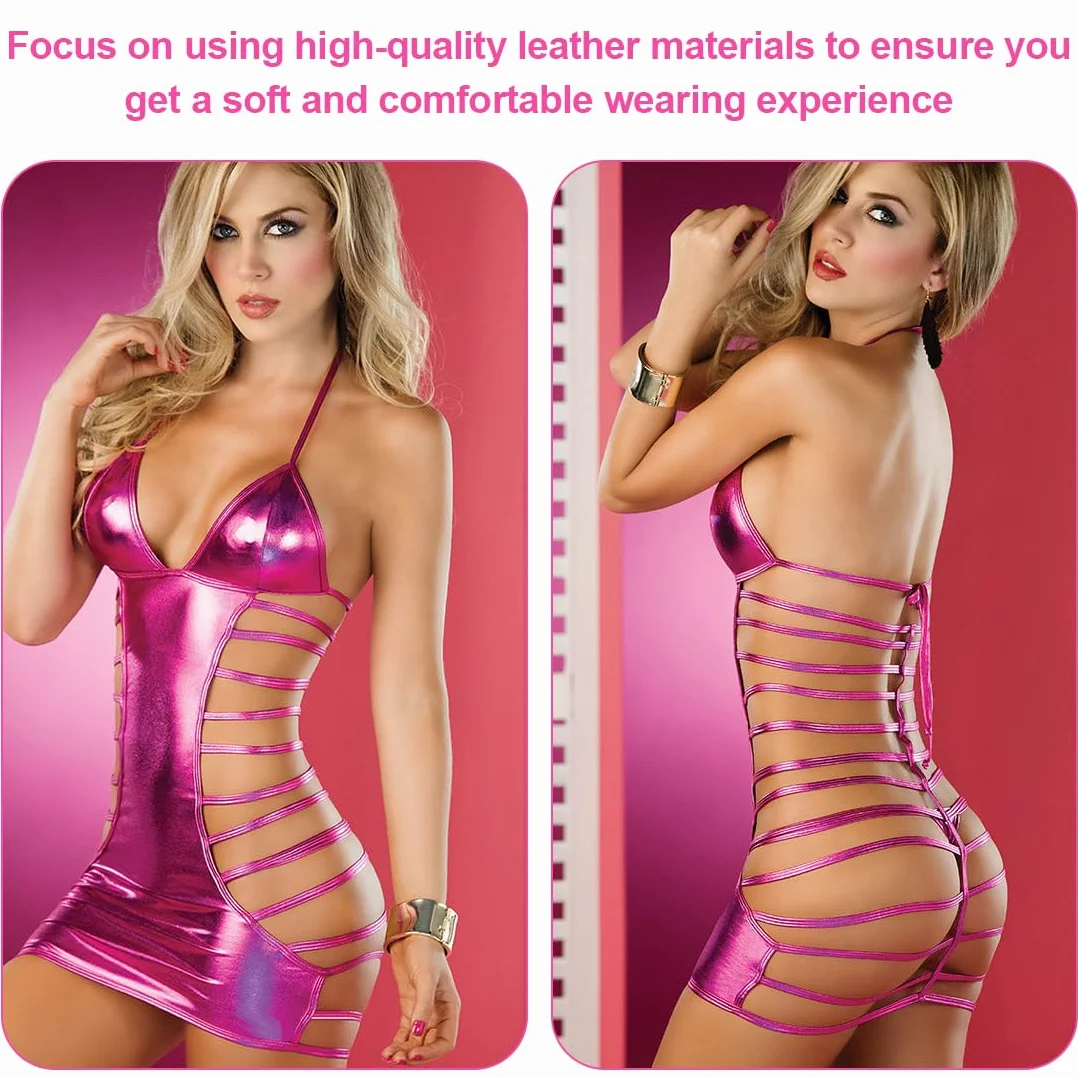 Abito da Festa in Pelle Donna Sexy Mini Wetlook Bodycon Rosa