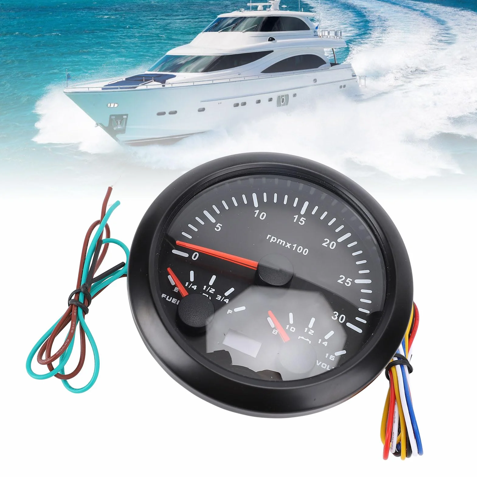 Tachometro Marino 85 Mm, Calibro Voltmetro del Carburante 3 in 1 con la Retroilluminazione di 7 Colori per la Barca per per Auto per Camion, Adatto Alla (Black Dial Black