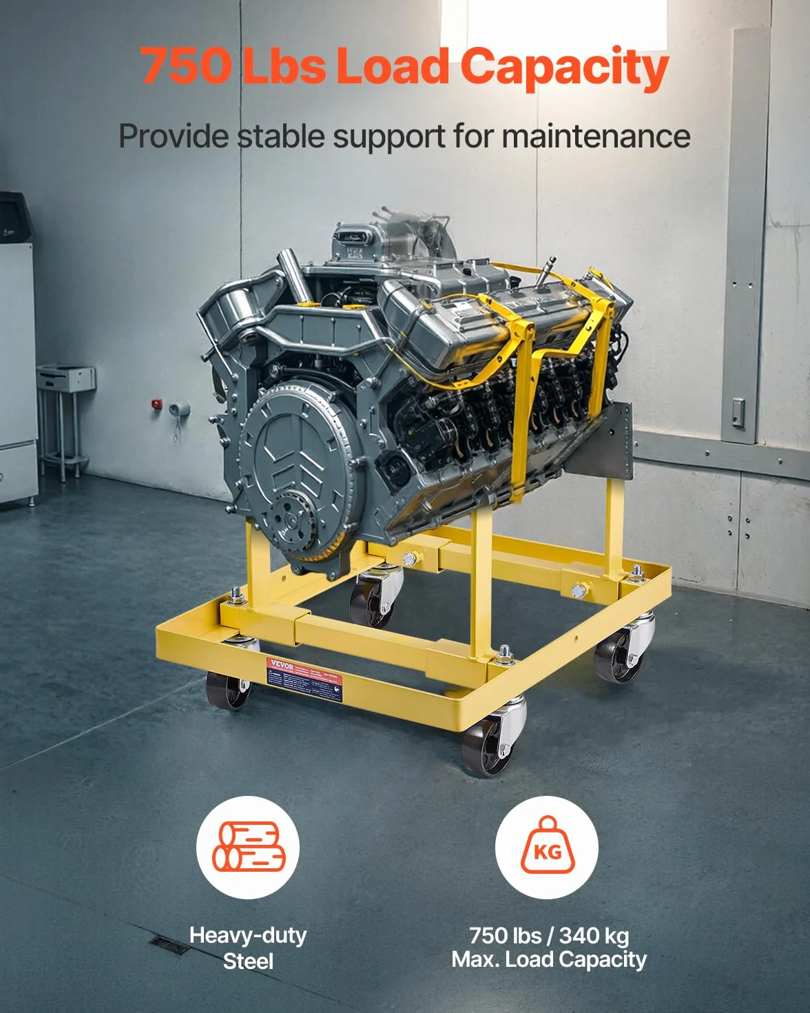 VEVOR Supporto Motore Sollevatore Motore 340 kg Regolabile in Acciaio con 4 Ruote Girevoli