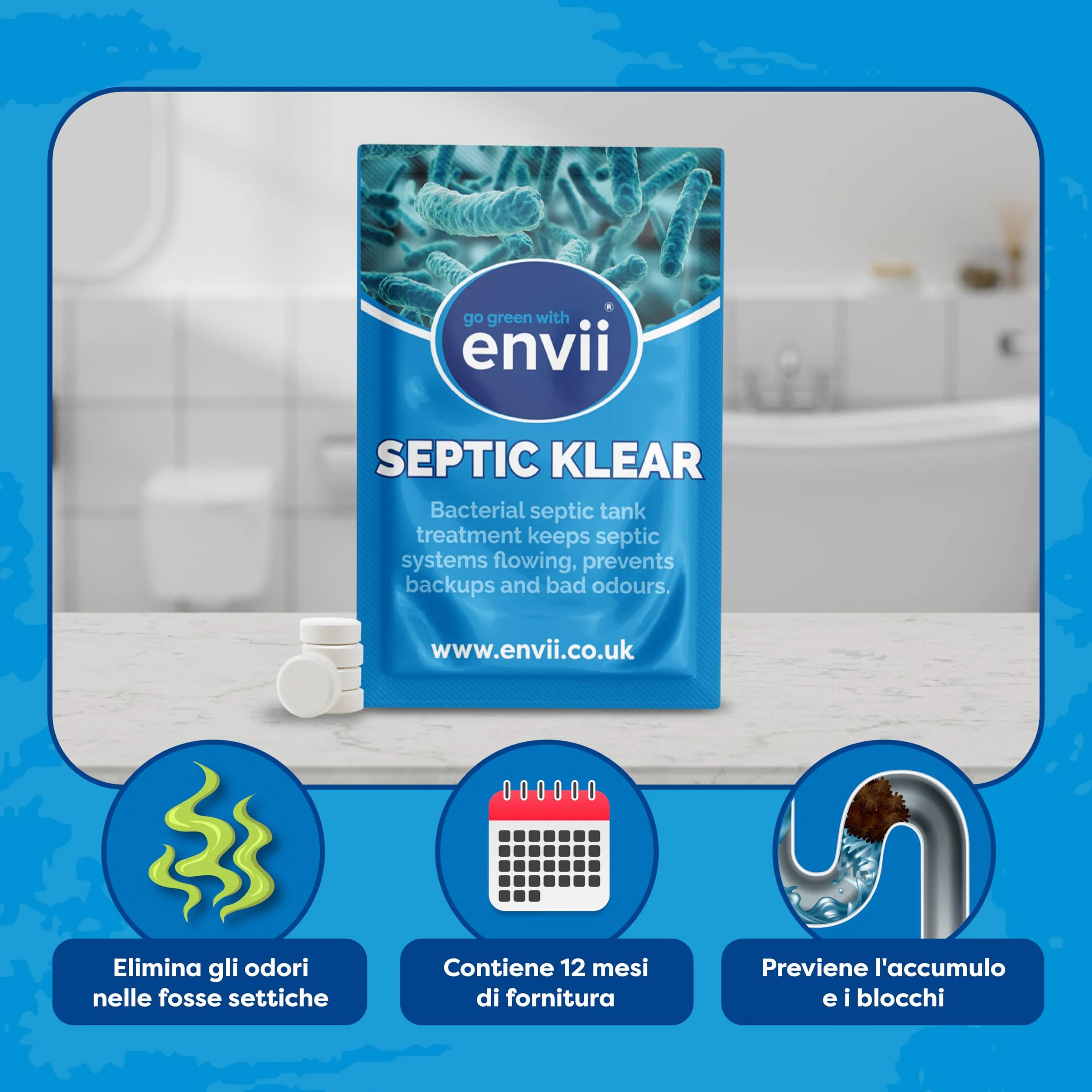 Envii Septic Klear Enzimi per Fosse Biologiche Pastiglie Trattamento 12 mesi
