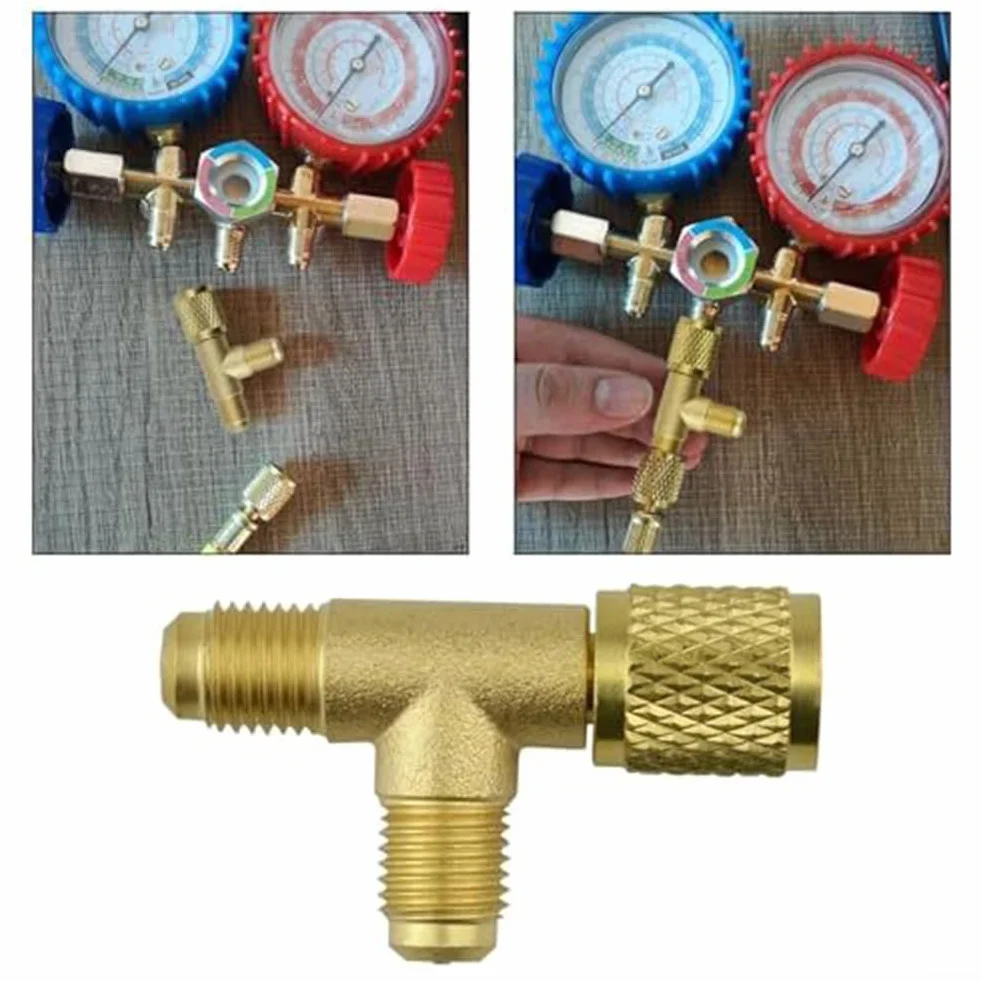 Connettore rapido in ottone Accesso Tee 1/4 SAE Valvole Core Adapter R22 R12 R134 Aria Condizionata Refrigerazione