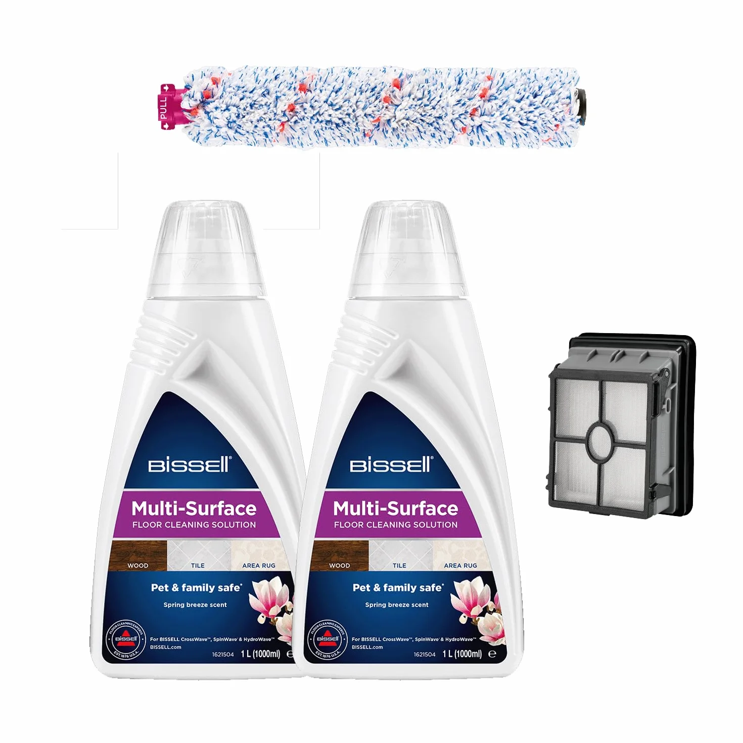 BISSELL Kit Accessori Originali CrossWave, Detergente Pavimenti Multisuperficie 2x1L, Rullo, Spazzola, Filtri