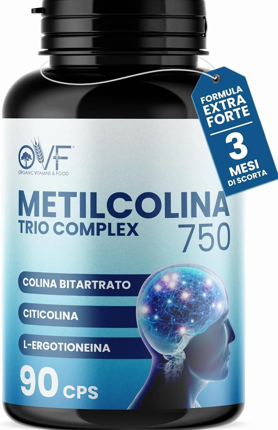 Citicolina Integratore Metilcolina Trio Complex 90 Cps, Supporto Funzioni Cognitive, Nootropico Colina Bitartrato Ergotioneina