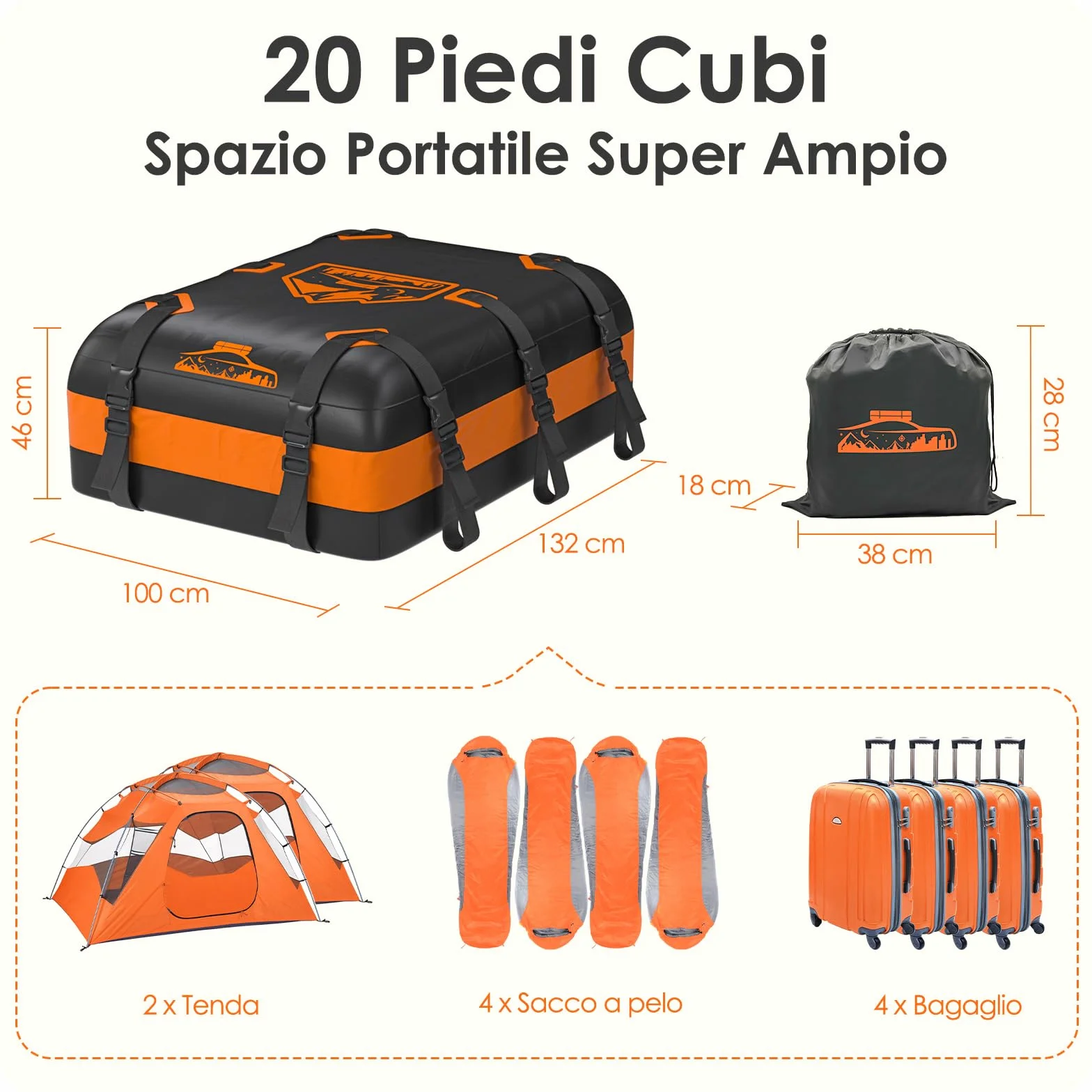 Baule Auto Tetto Inimpermeabile 1000D Arancia 566L Box Tetto Auto