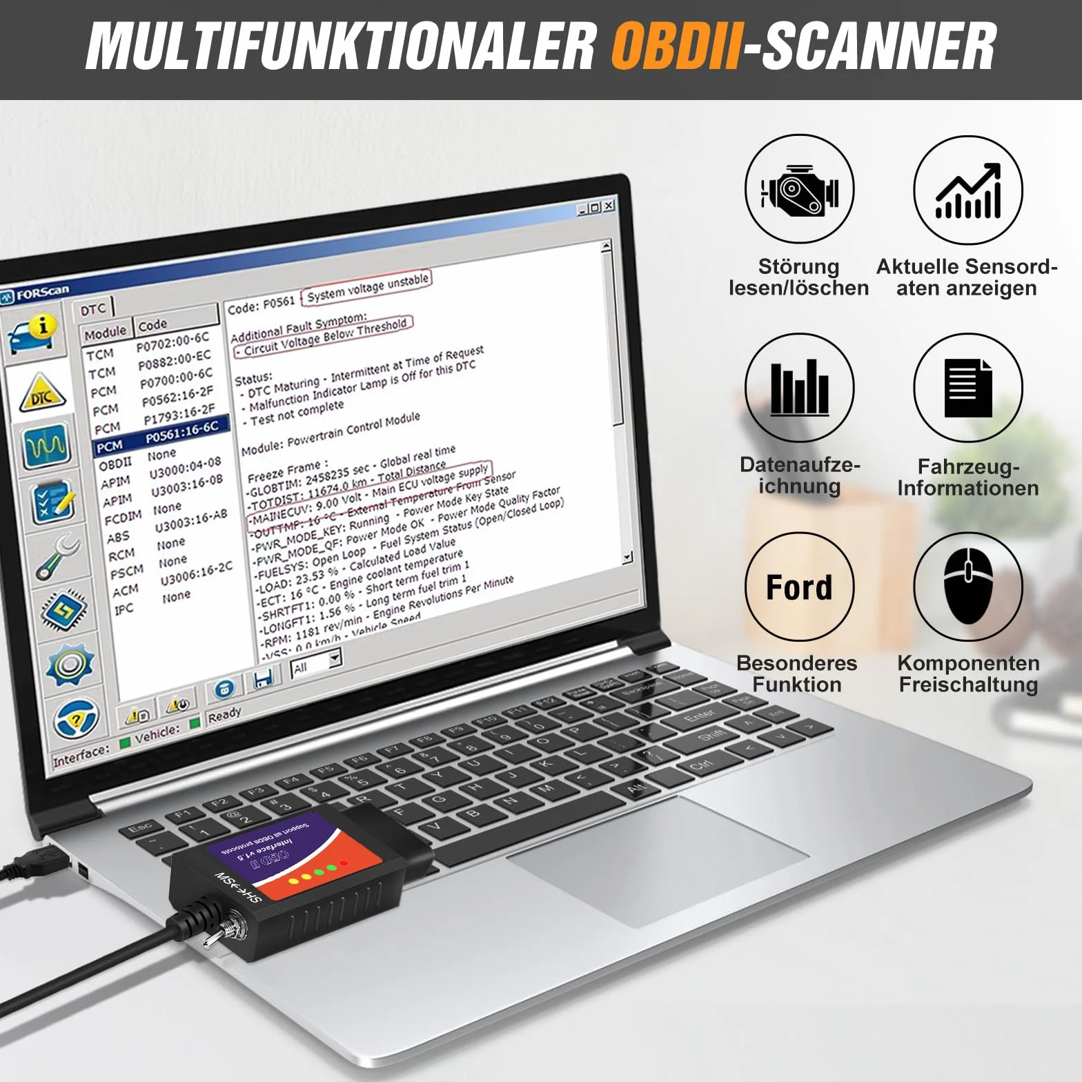 FORScan OBD2 Scanner OBDII Diagnostico per Windows, Strumento Codificazione con Interruttore MS-Can/HS-Can per Ford Lincoln Mazda Mercury
