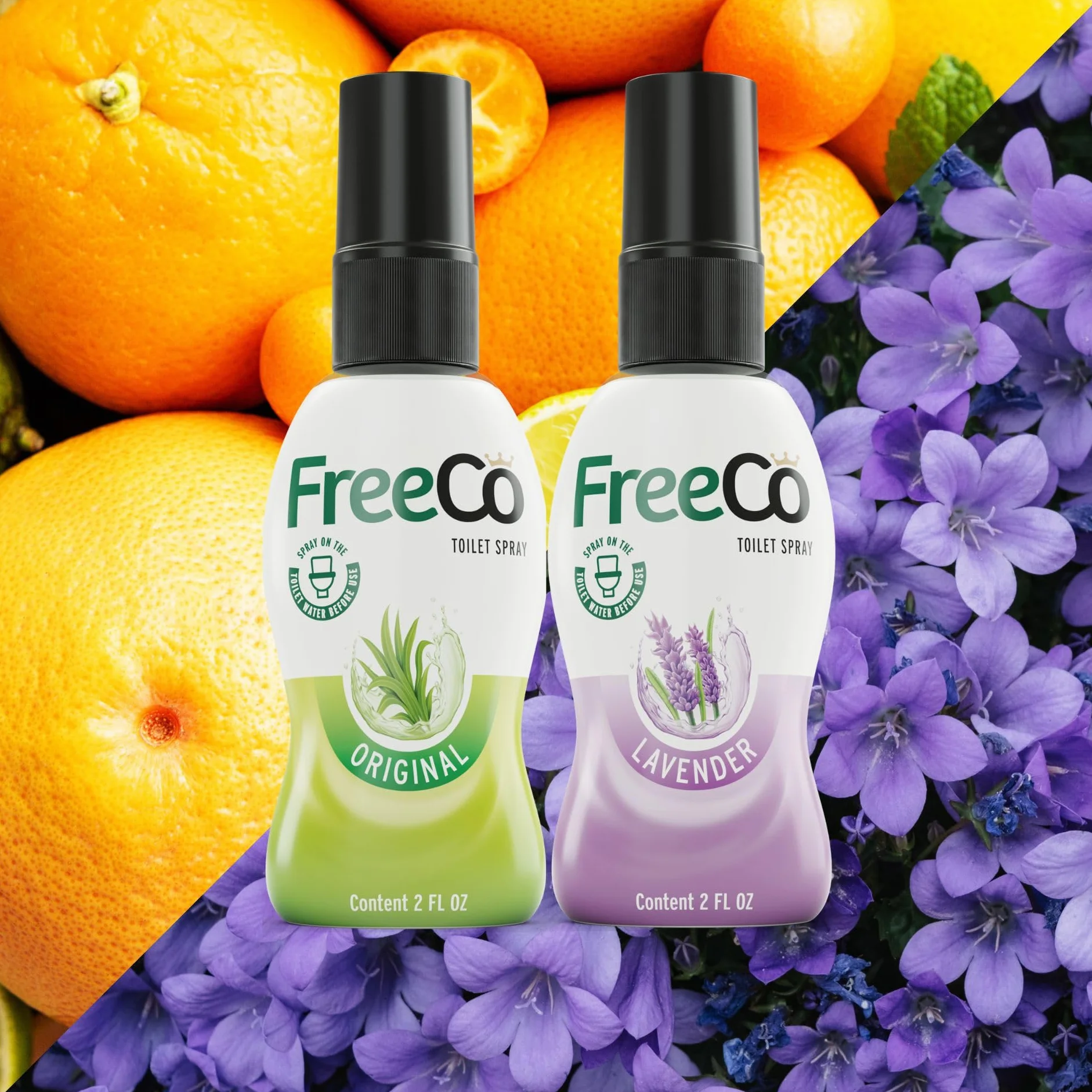 FreeCo Spray WC Blocca Odori Pre-uso Oli Essenziali Naturali Confezione Mix 2x60 ml Agrumata Originali Lavanda Calmante