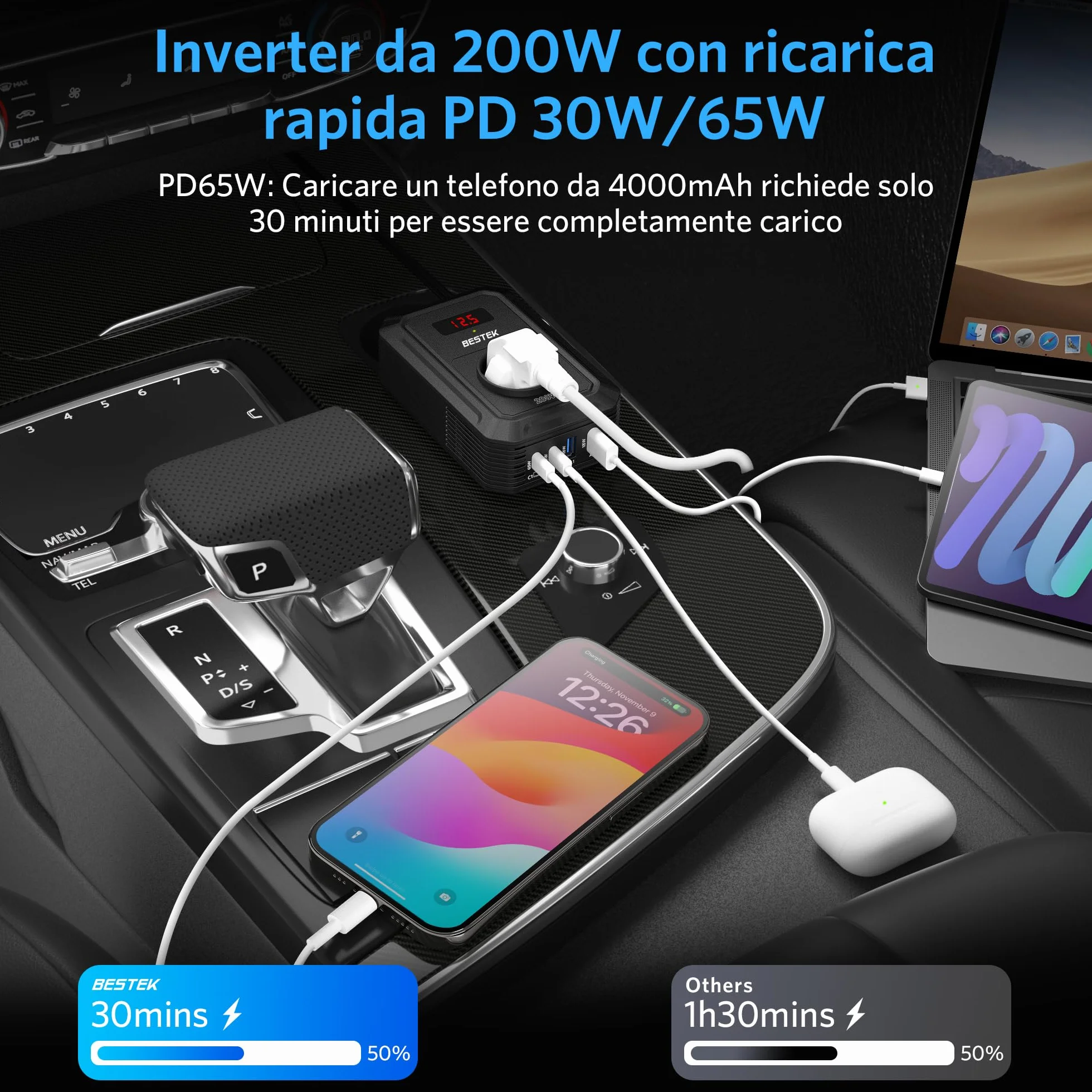 BESTEK Inverter di tensione 200 W 12 V a 240 V 230 V AC con 3 prese, 2 porte USB 18 W e 2 porte USB-C