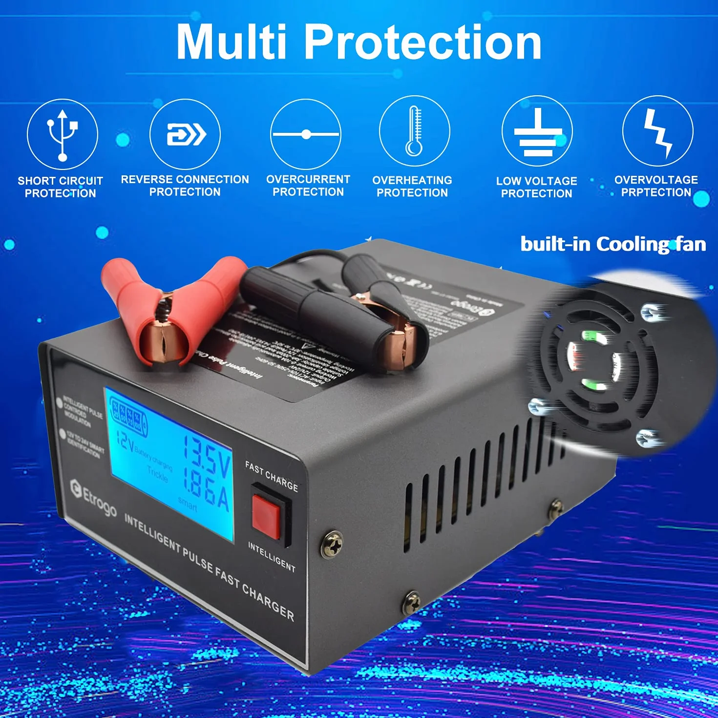 Etrogo Caricabatteria Auto 12V 24V 10A 250W Caricatore di Impulsi Intelligente con Funzione di Rilevamento Automatico Riparazione Manutenzione con Schermo LCD