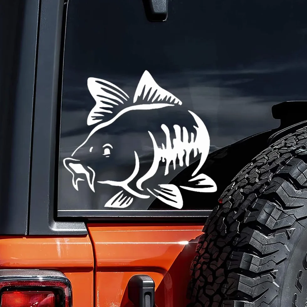 2 pezzi, 15 x 13,5 cm, autoadesivi con motivo carpa in vinile per paraurti e finestre, adatti per casa, tempo libero e pesca, per interni ed esterni | #DZ94 (bianco)