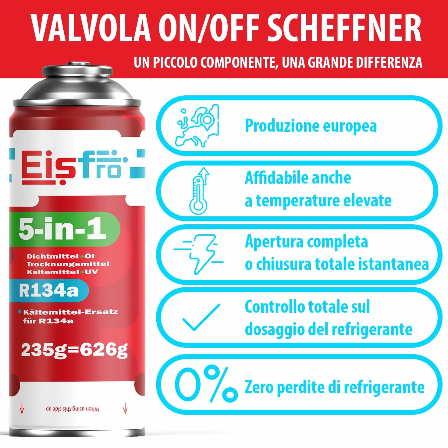 5-in-1 – 2x gas R134a con olio + 2x refrigerante R134a 5-in-1 XL 235 g per confezione, per climatizzatori auto con olio, sigillante, tracciante UV e disidratante + tubo
