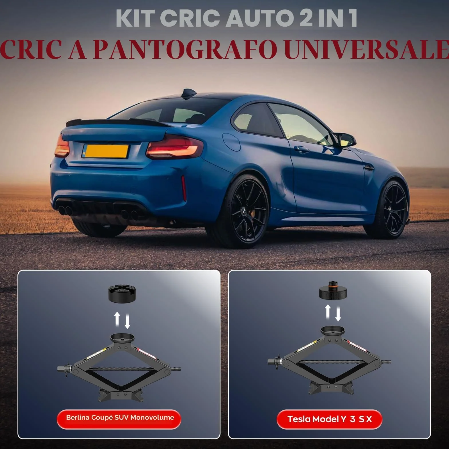 Cric Auto Universale 2.5T/2500kg Tampone Gomma Chiave Dadi Ruota Forbice Kit Emergenza Berline SUV Tesla Model 3/Y/S/X