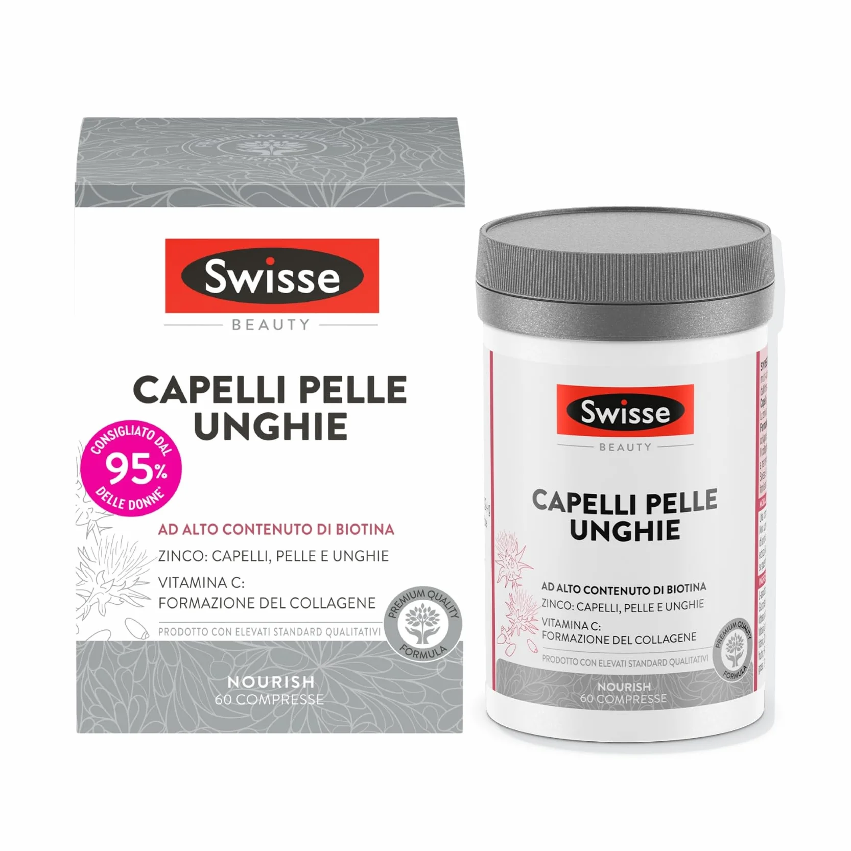 SWISSE Capelli Pelle Unghie Integratori 60 Compresse - Vitamina C Biotina Cardo Mariano Zinco