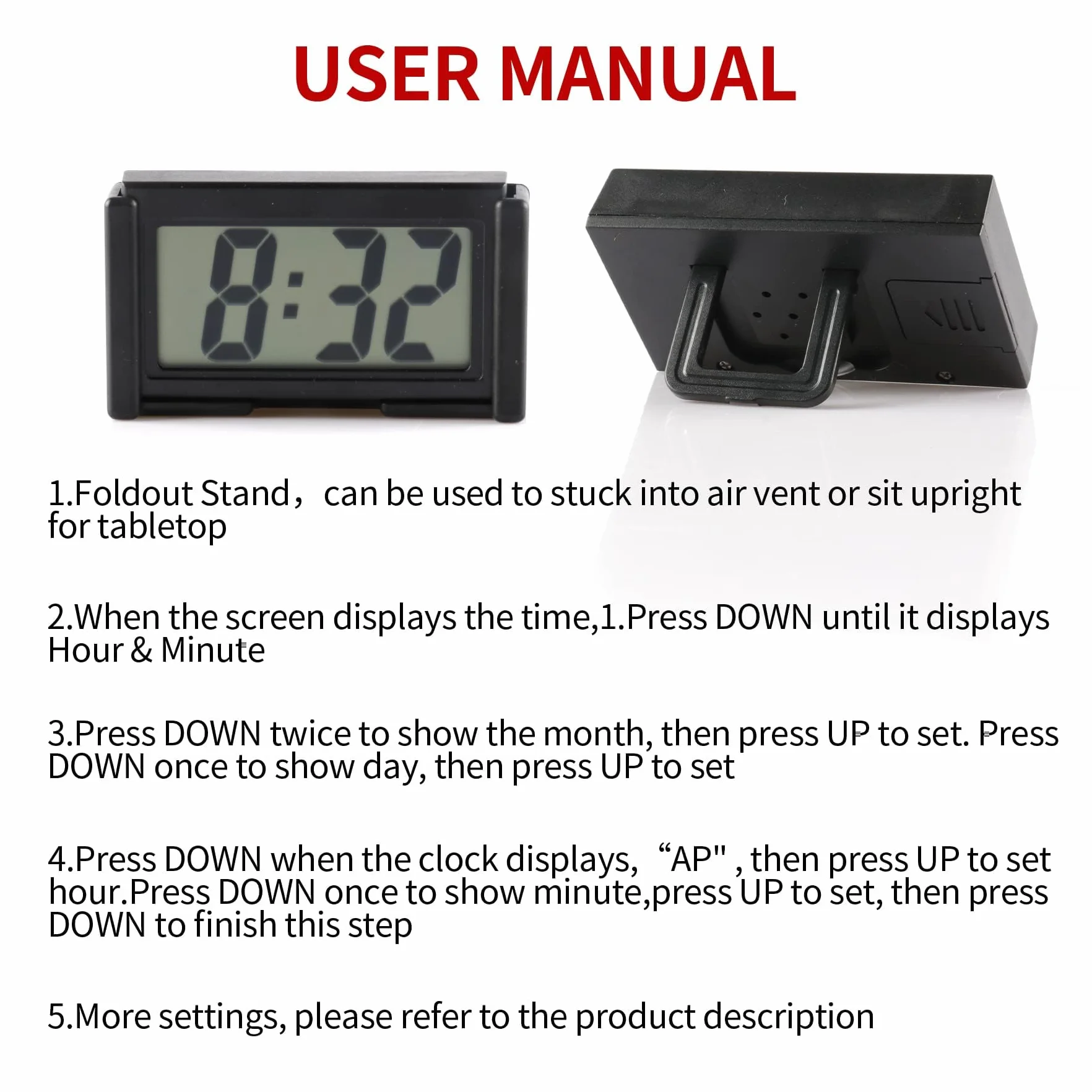 Mini Digital Car Clock Sticky Electronic Car Clock, Accessories with Clear LCD Screen Self-Adhesive Stand Digital Clock for Car Truck Dashboard Home Office Table