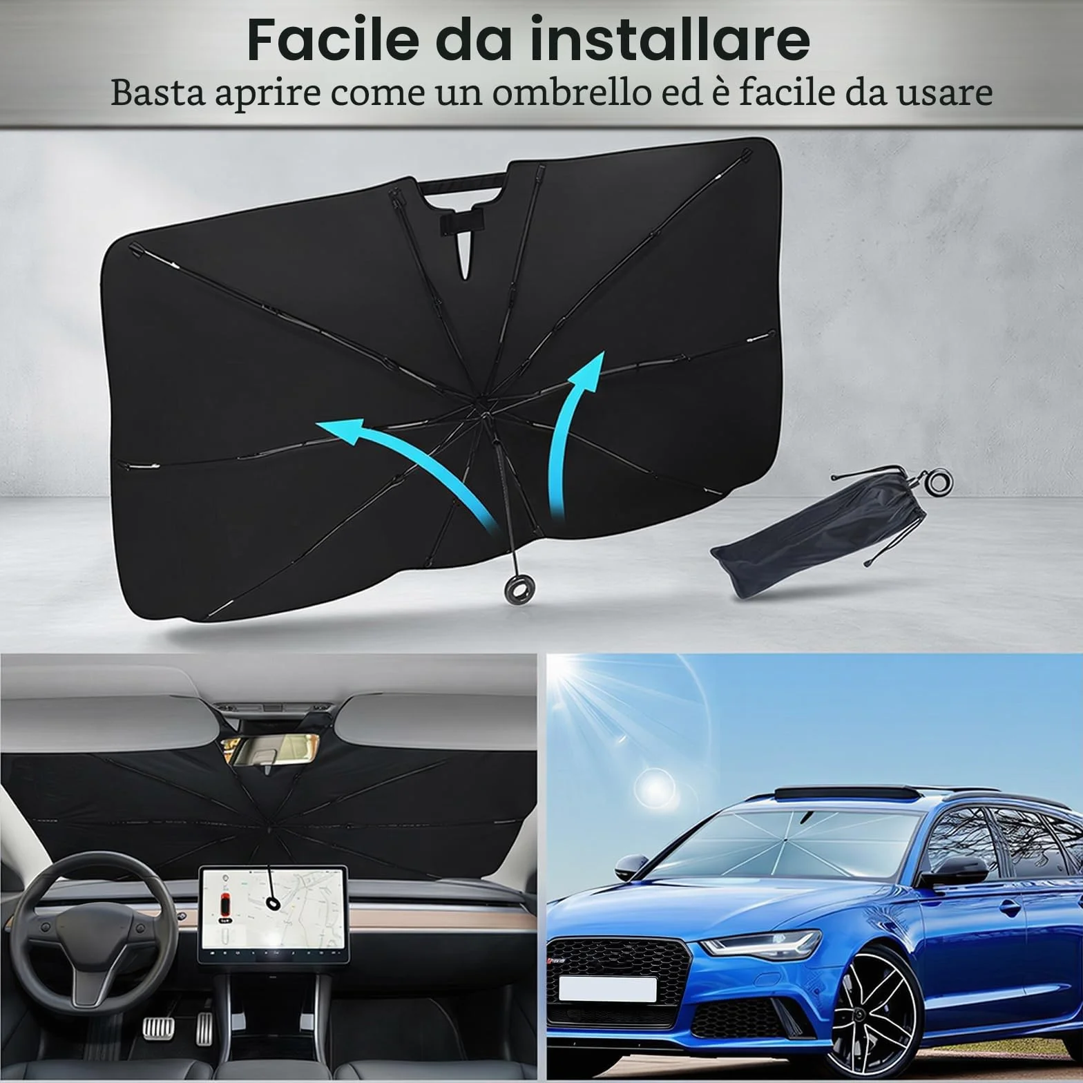 Parasole Auto Ad Ombrello per Parabrezza Interno Pieghevole Protezione UV Universale