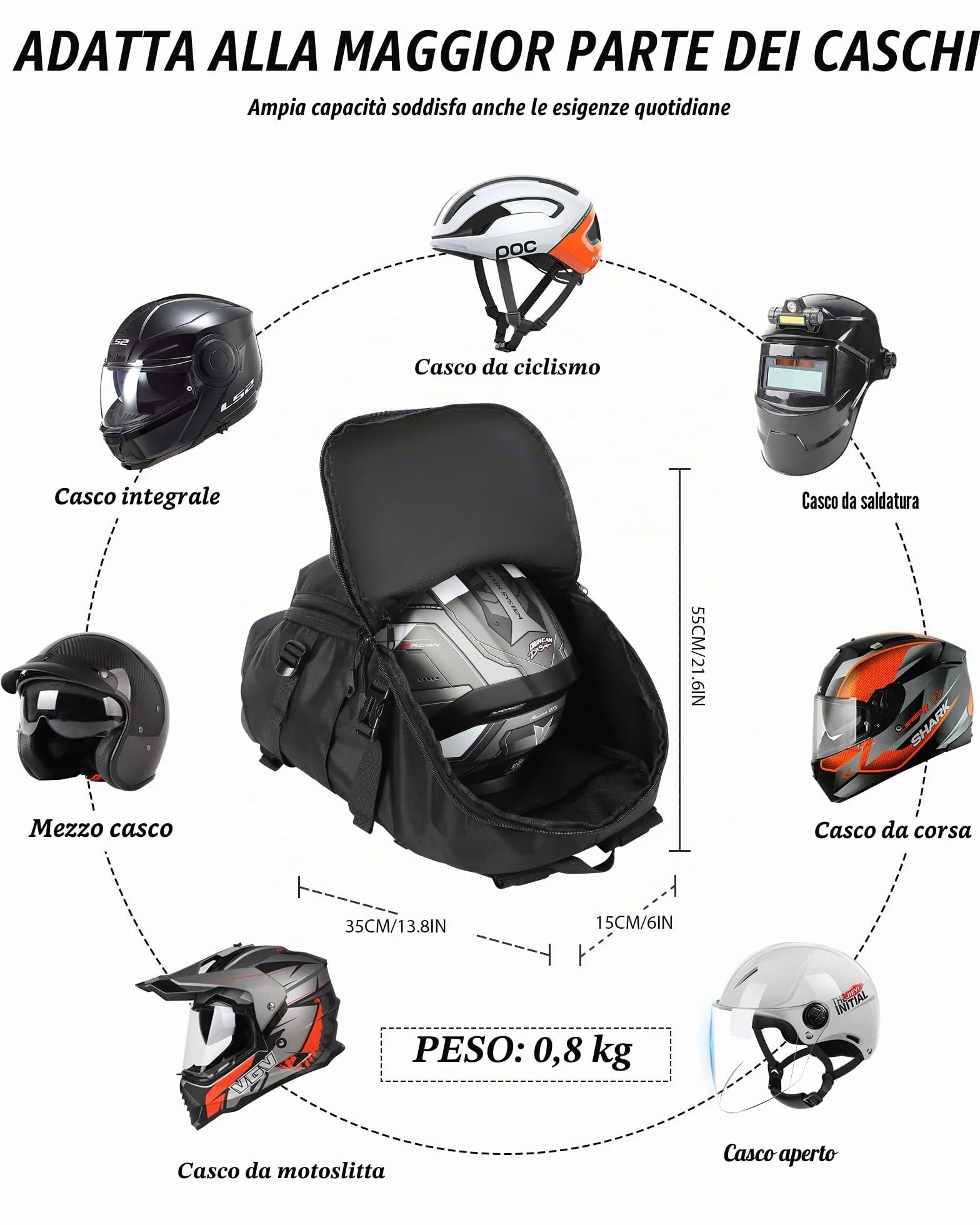 Zaino da Moto Impermeabile Grande con Scomparto per Scarpe, Nero