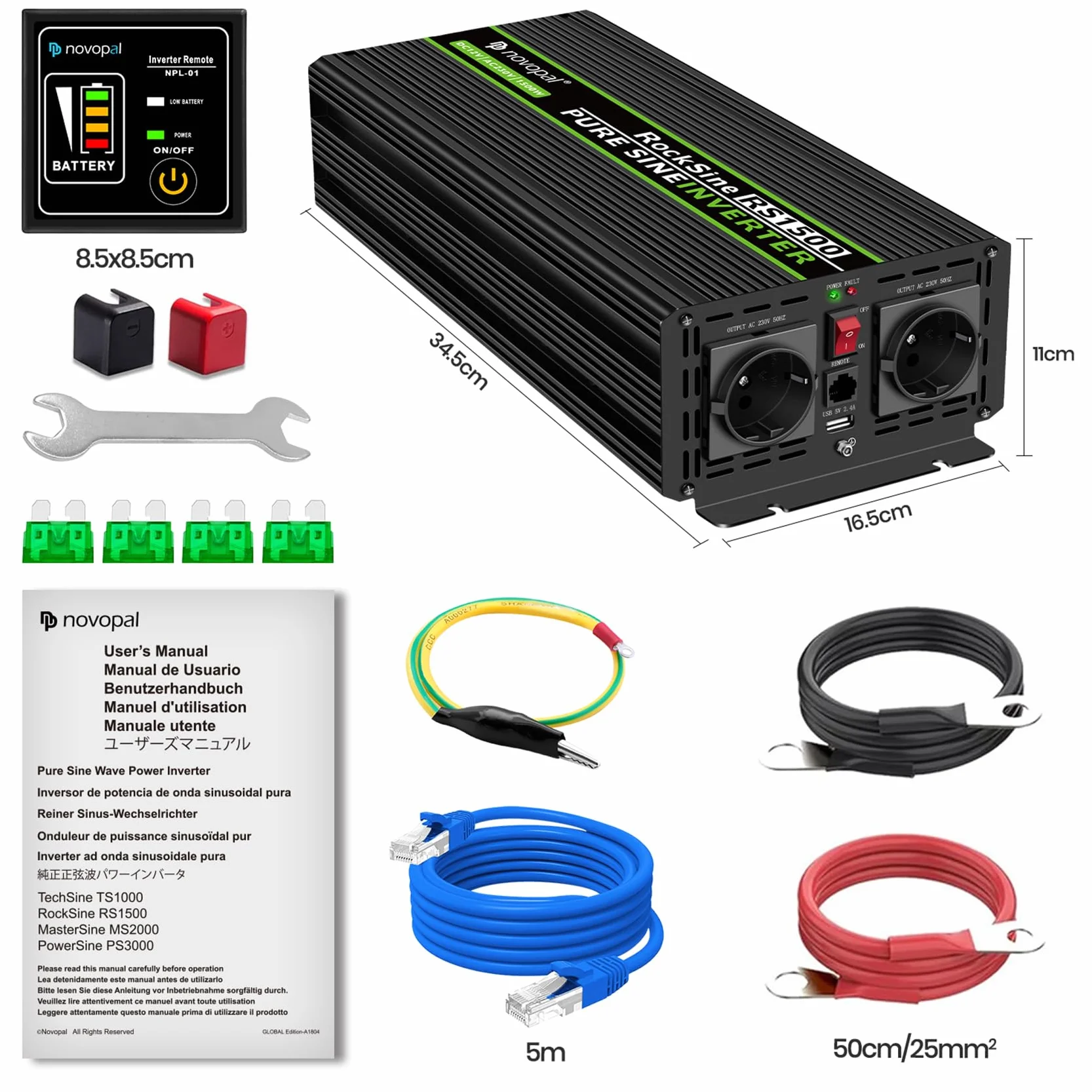 Novopal Inverter Onda Sinusoidale Pura 1500W DC 12V AC 220V 230V Convertitore di Tensione con Telecomando 5M
