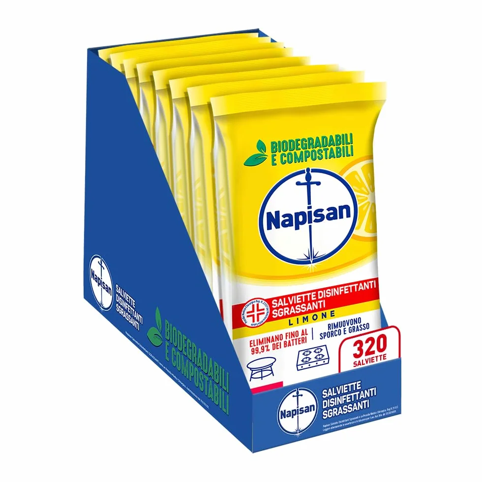 Napisan Salviette Disinfettanti al Limone Confezione 8 Pacchi x 40 Salviette Multisuperfici Biodegradabili