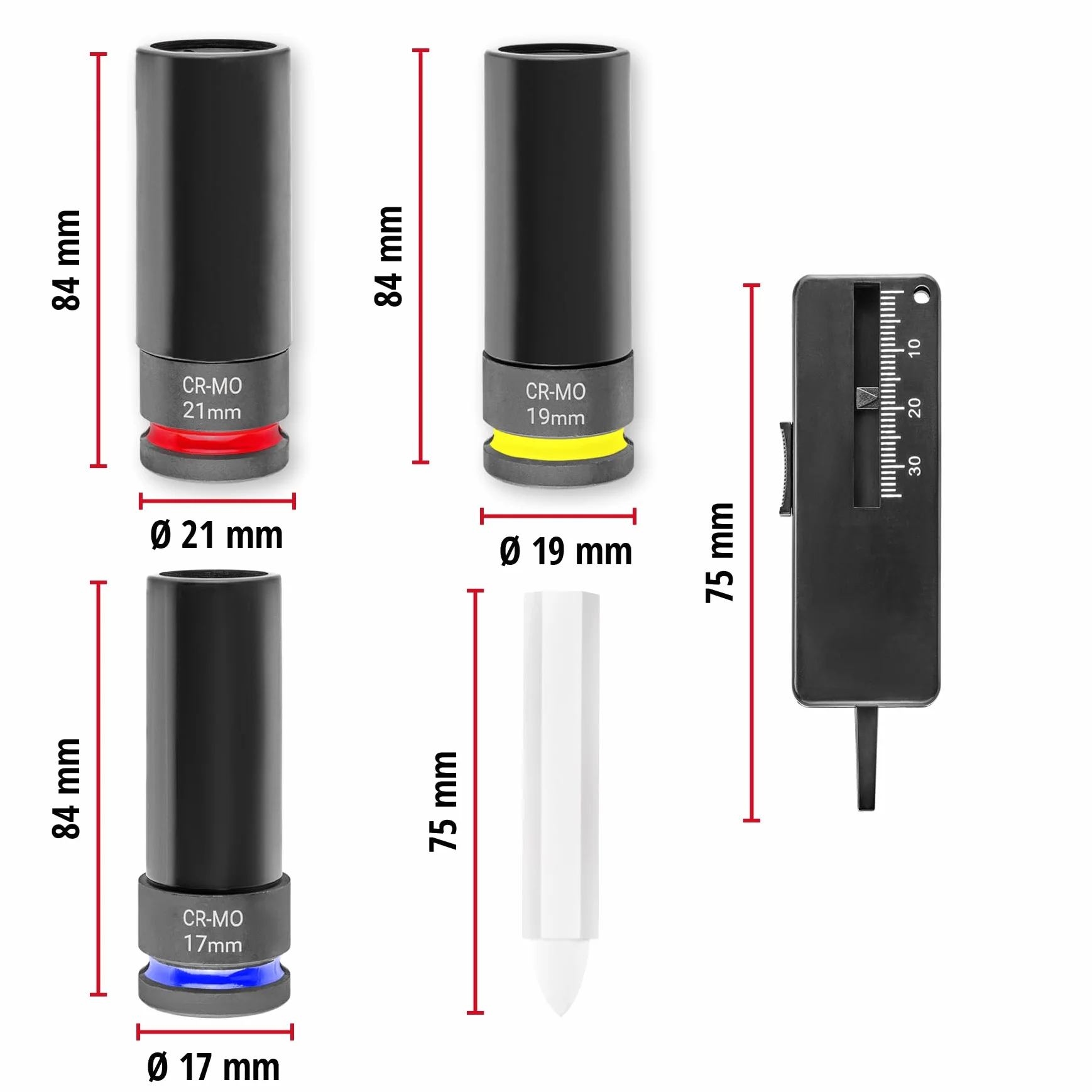 Original Einhell set impact auto 5 pezzi protezione cerchio CrMo 17/19/21 mm 80 mm 1/2"