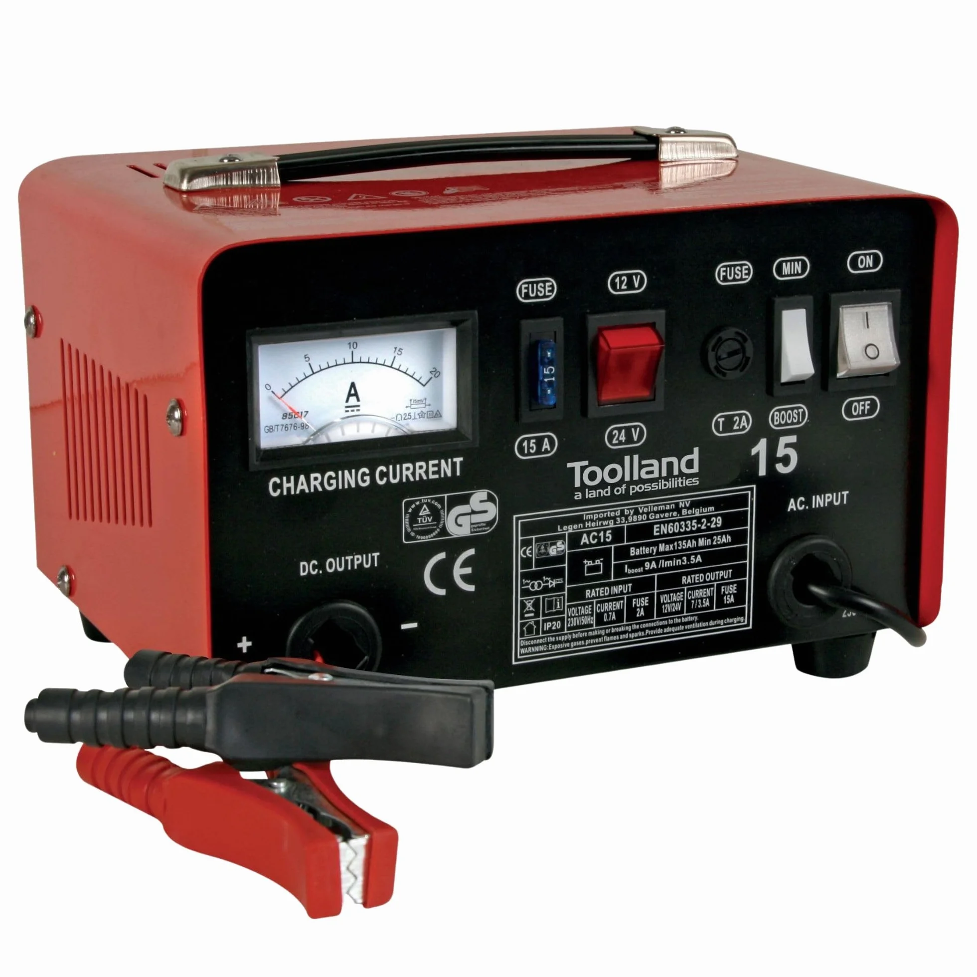 Toolland AC15 Caricatore per 12/24 V al piombo acido da batterie con funzione Boost, 300 mm x 210 mm x 185 mm dimensioni