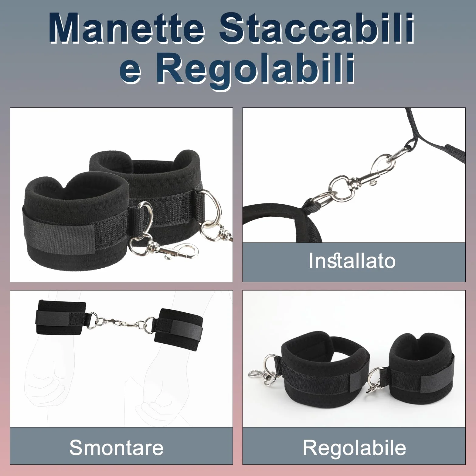 BDSM Bondage Kit Giochi Erotici per Coppie con Cinghie Staccabili, Benda, Manette Nere
