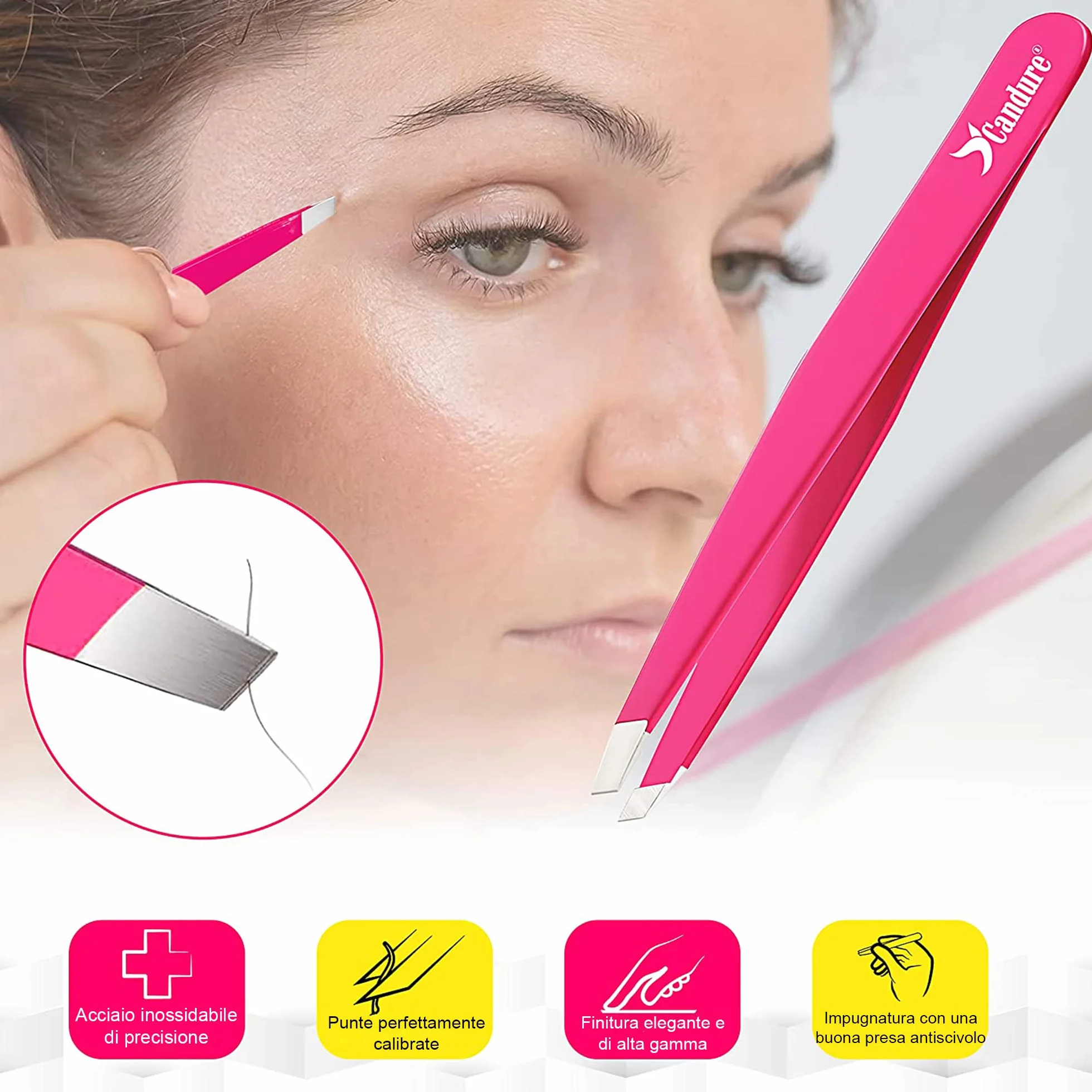 Candure Pinzette Sopracciglia Acciaio Inox Precisione Punta Obliqua Antiscivolo 1 Pezzo Rosa