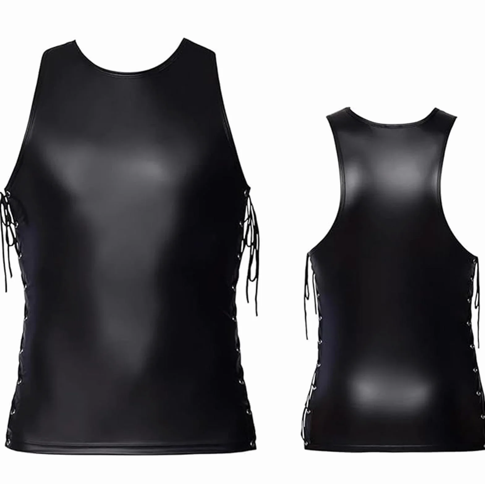 Camicia in Lattice da Uomo Completo Sexy Similpelle Nero Intimo A Maniche Corte Clubwear